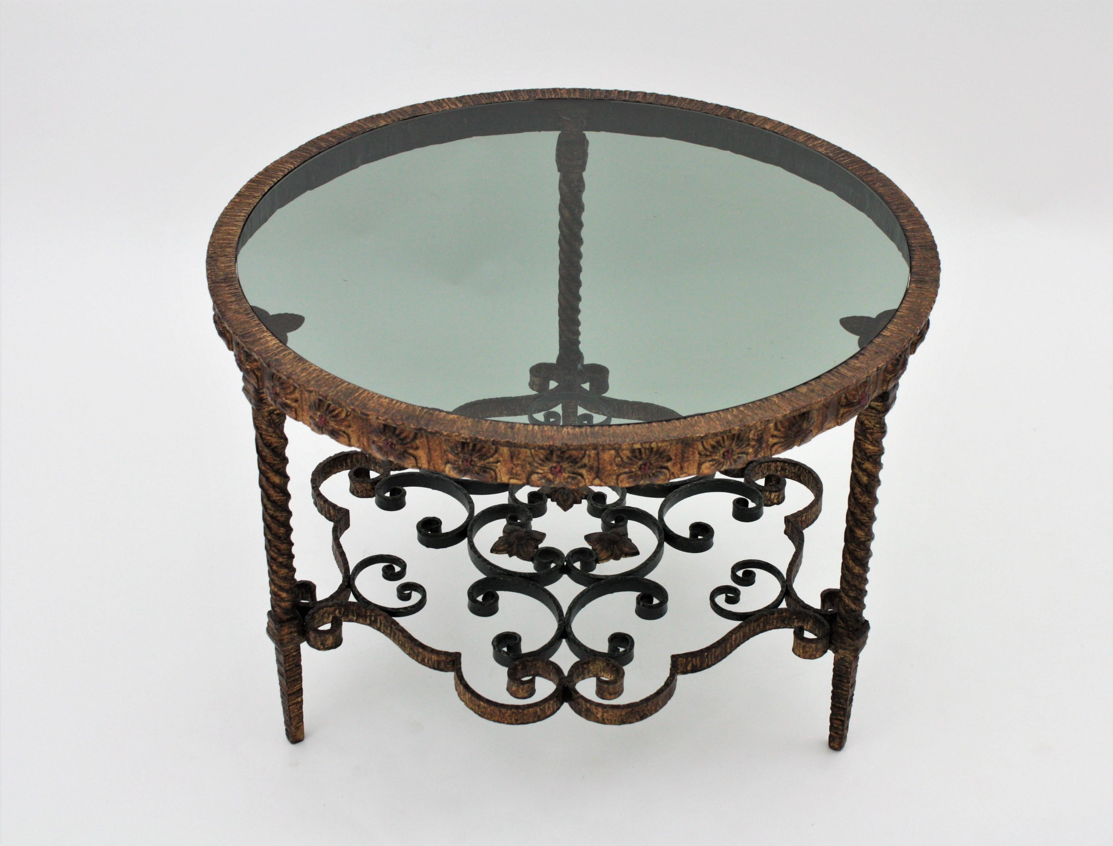 Spanish Gilt Wrought Iron Coffee Table with Smoked Glass Top For Sale 1