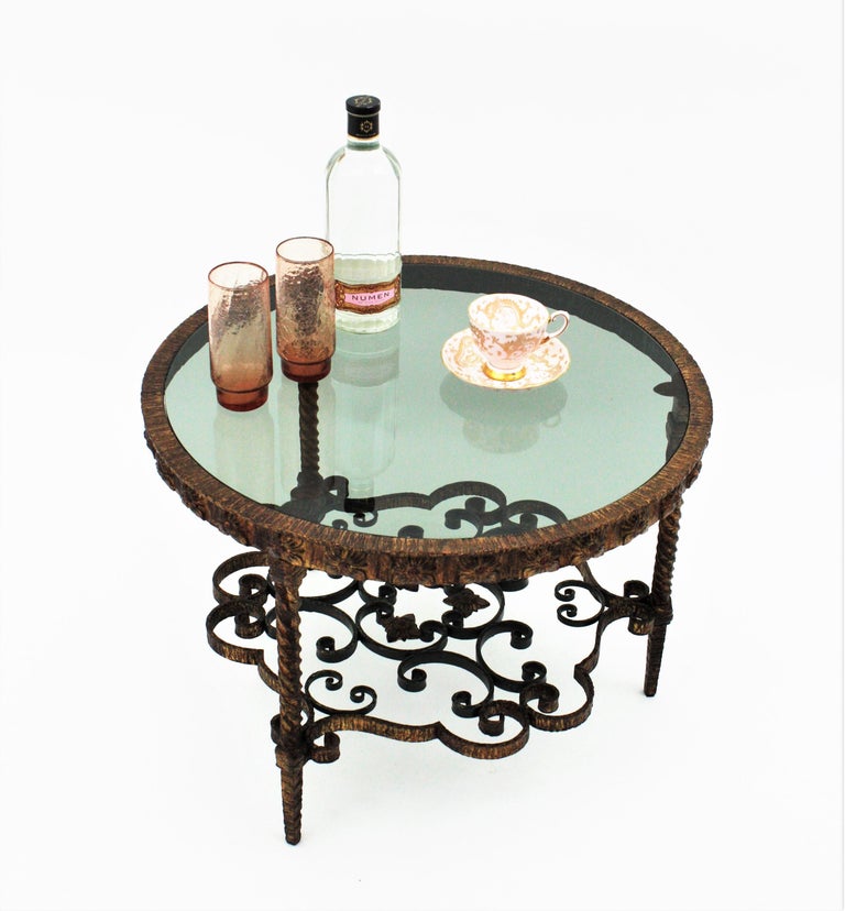 Wrought Gilt Iron Smoked Glass Round Coffee Table, Twisted Legs and