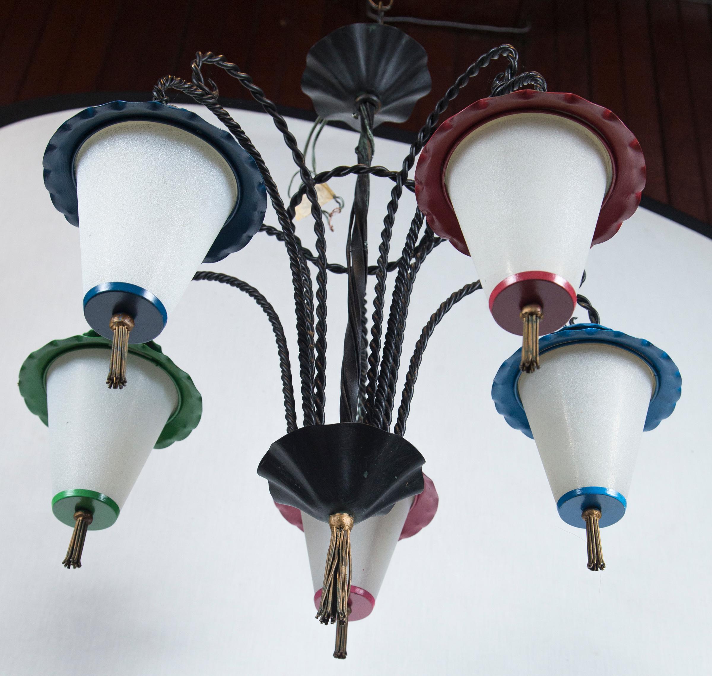 Wrought Iron 5 Japanese Lanterns Chandelier For Sale 4