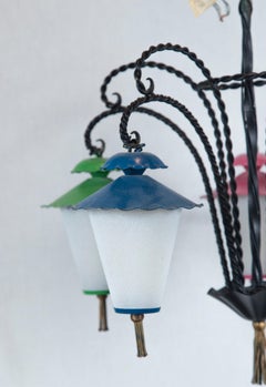 Wrought Iron Chandelier with Five Lanterns and Milk Glass, 1950s
