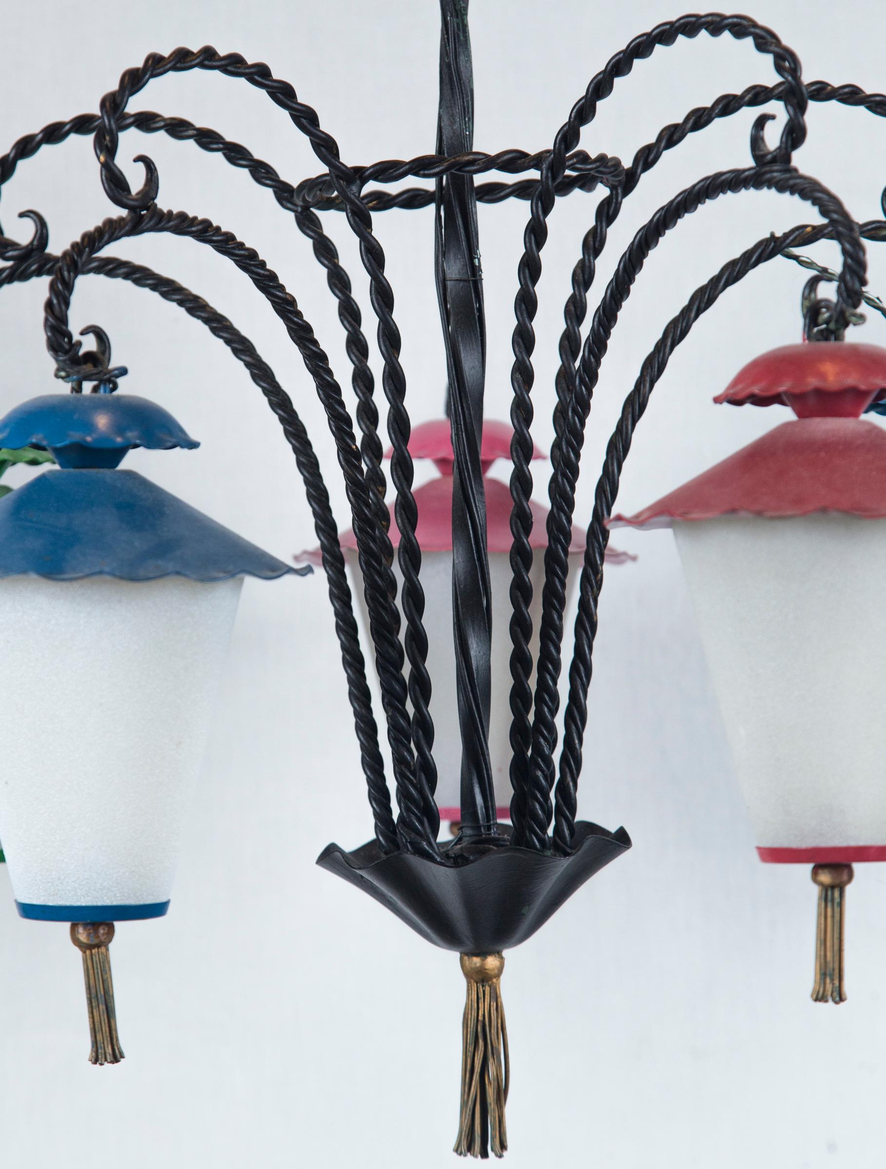 Mid-20th Century Wrought Iron 5 Japanese Lanterns Chandelier For Sale