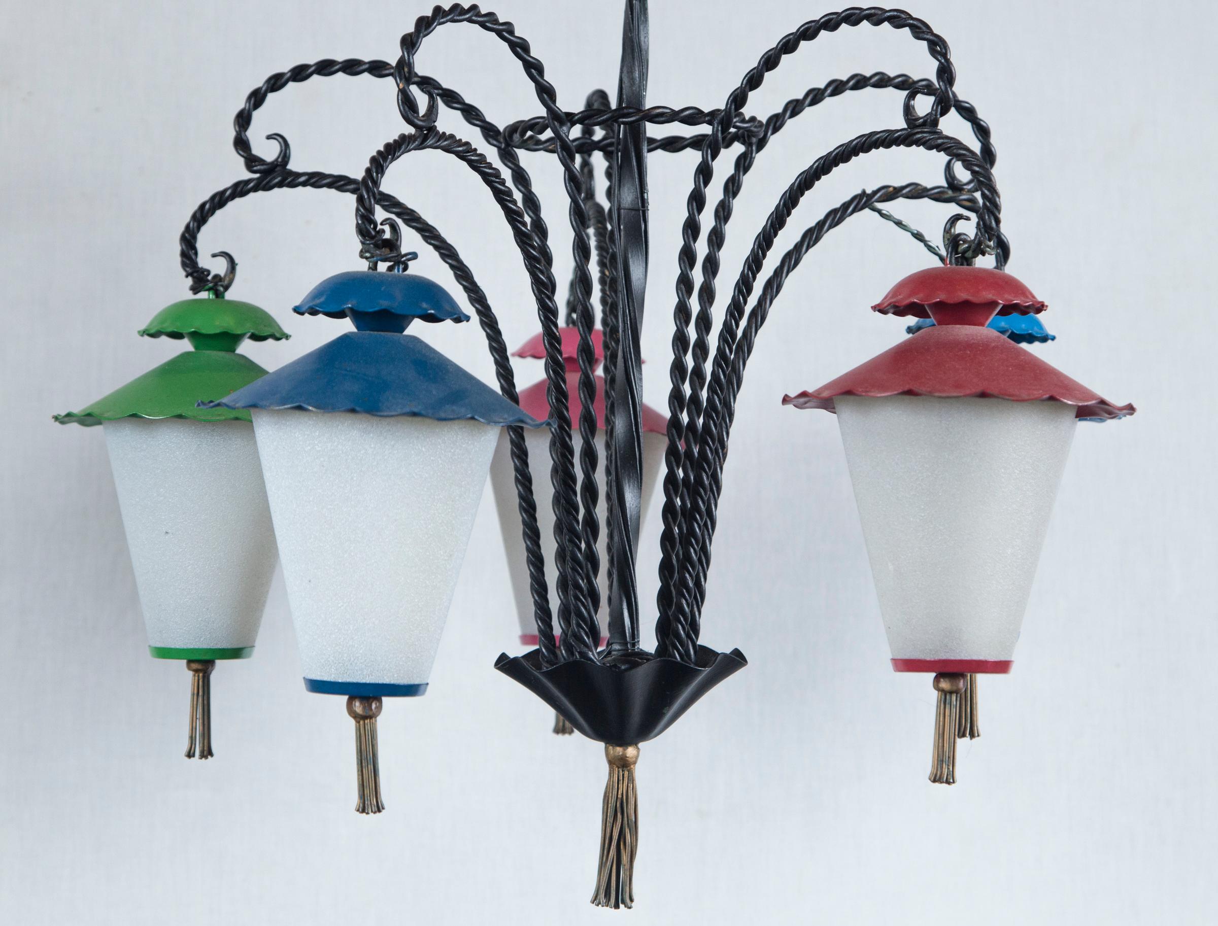 Milk Glass Wrought Iron 5 Japanese Lanterns Chandelier For Sale