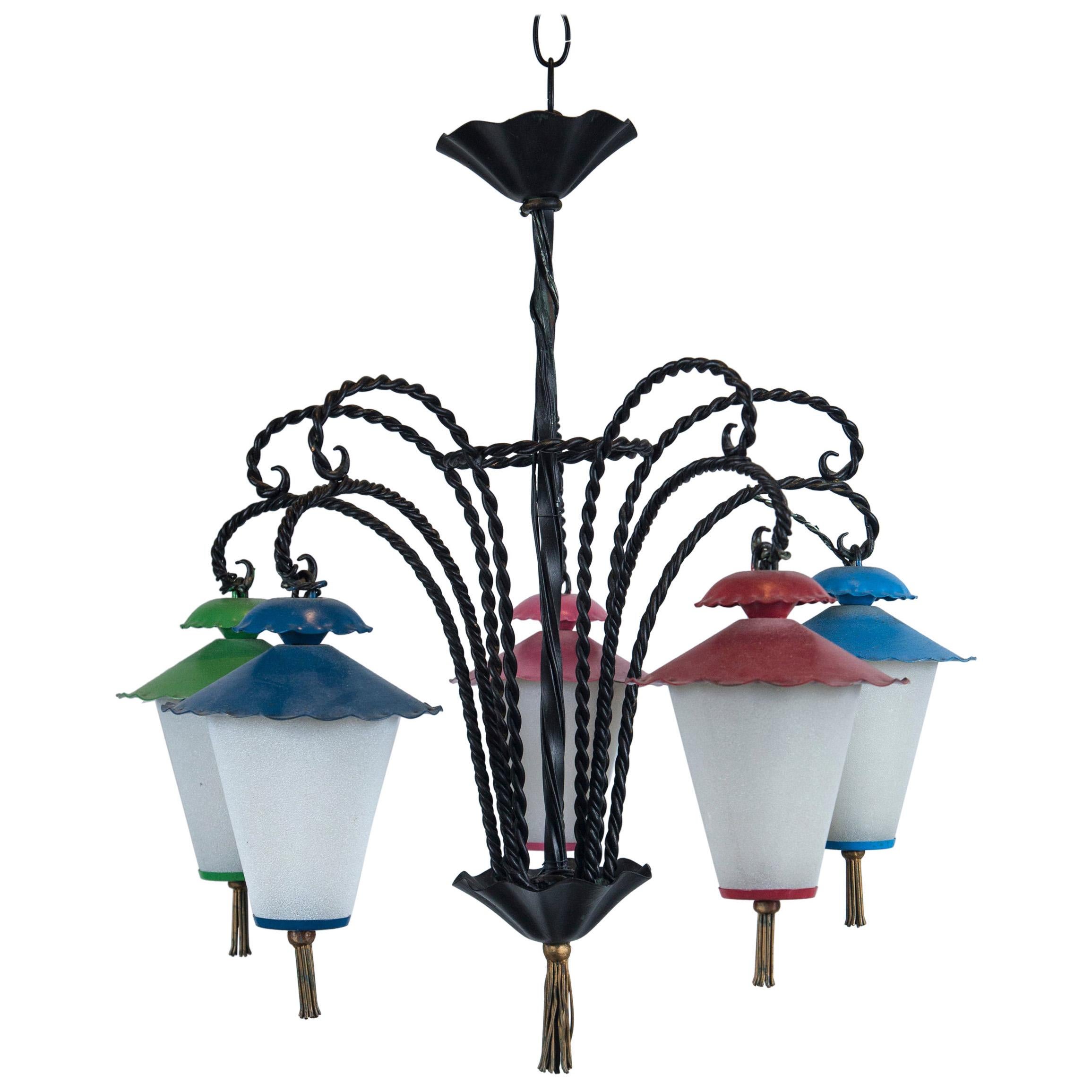 Wrought Iron 5 Japanese Lanterns Chandelier For Sale