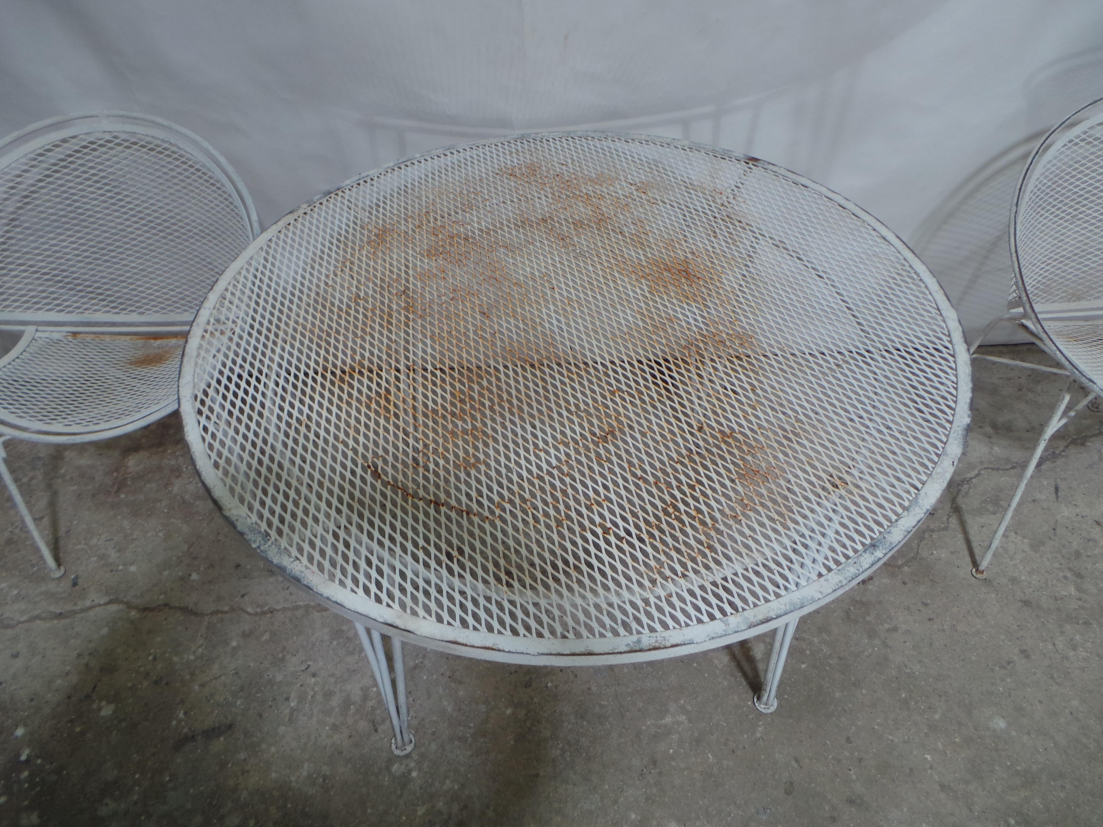 Wrought Iron 5 Piece Mid Century Garden Table + Chairs For Sale 3