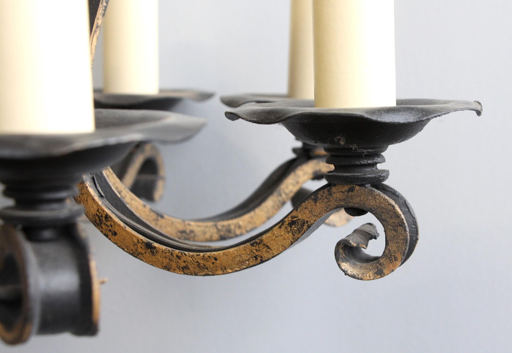 Wrought Iron 8 Arm Chandelier with Gold Detail Early 20th C. In Good Condition In New York, NY
