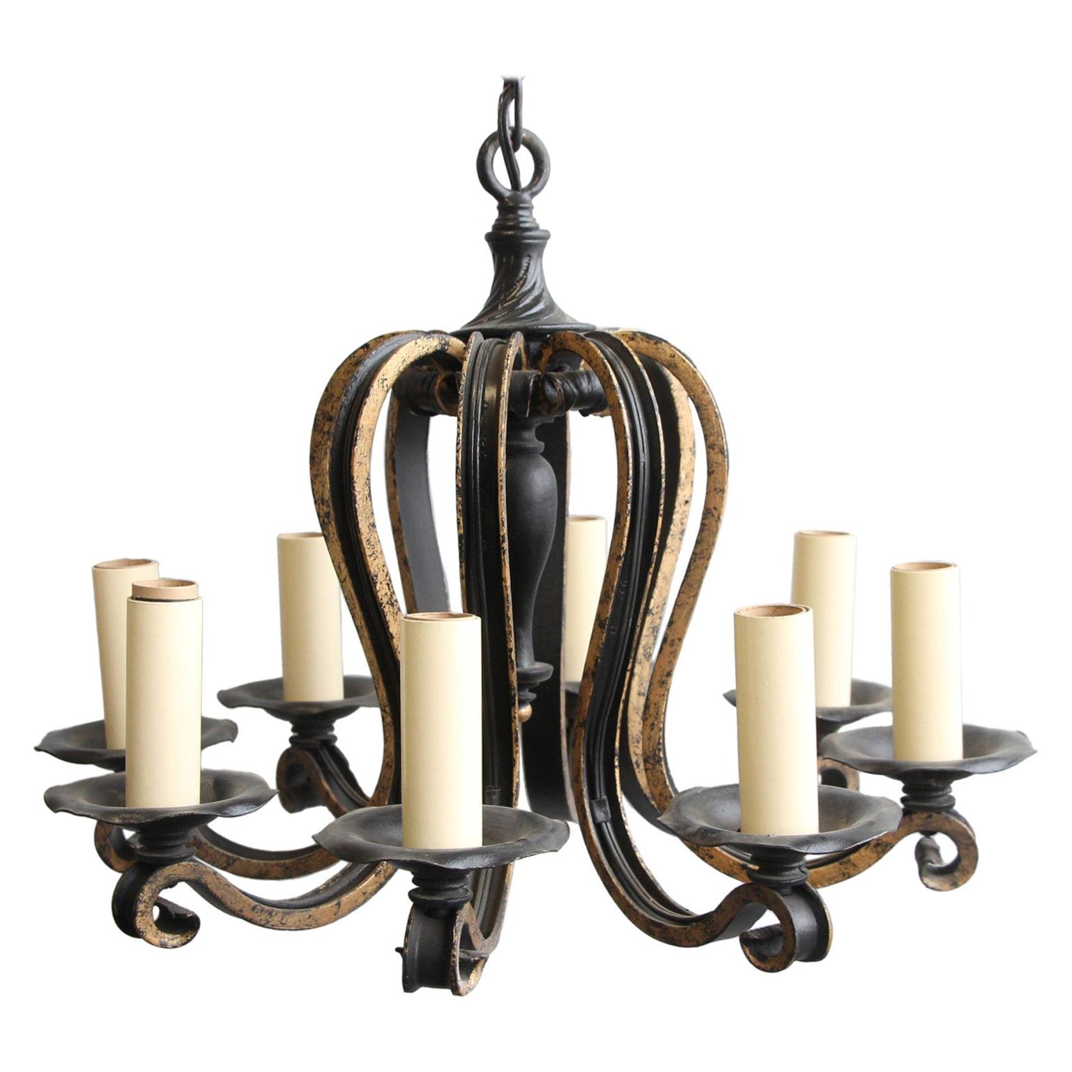 Wrought Iron 8 Arm Chandelier with Gold Detail Early 20th C.