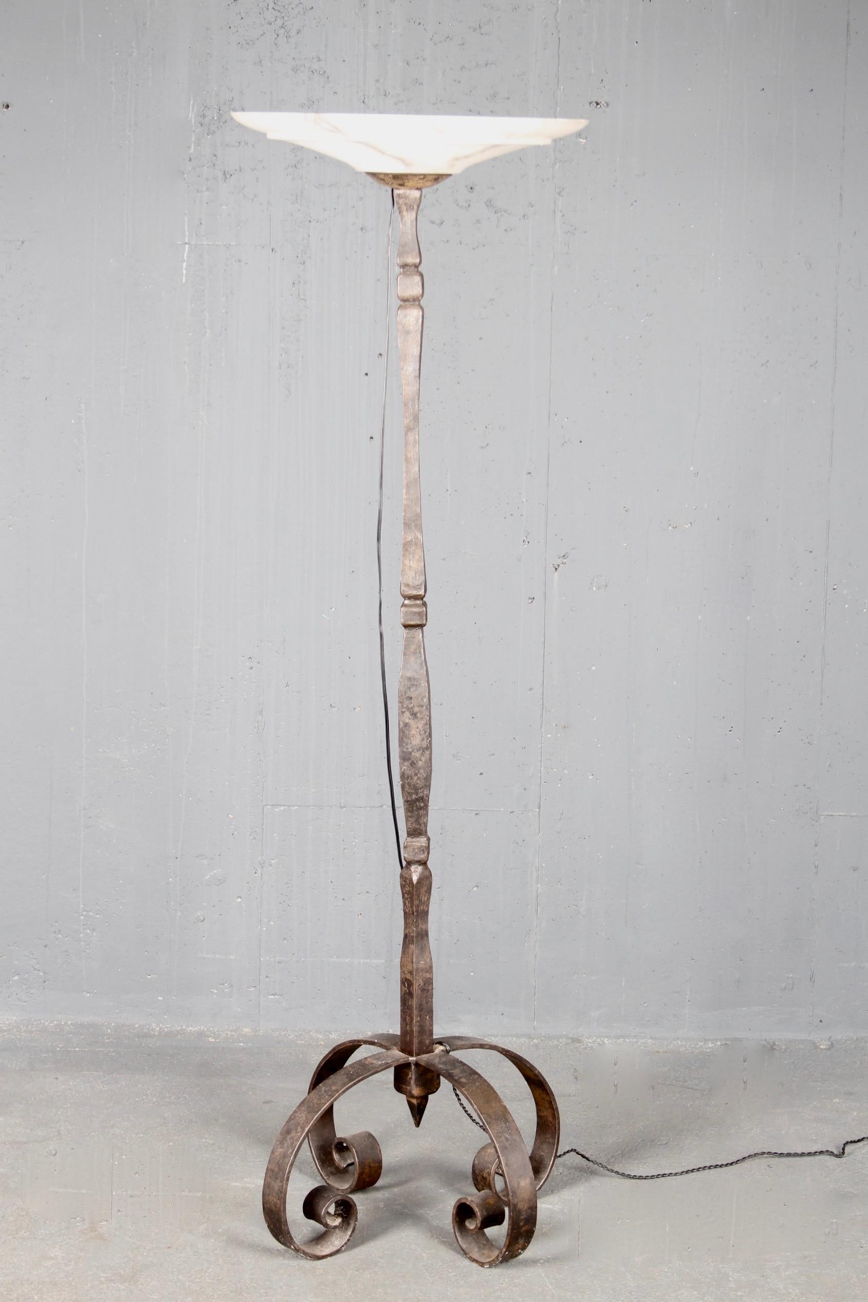 Wrought Iron and Alabaster Art Deco floor lamp.