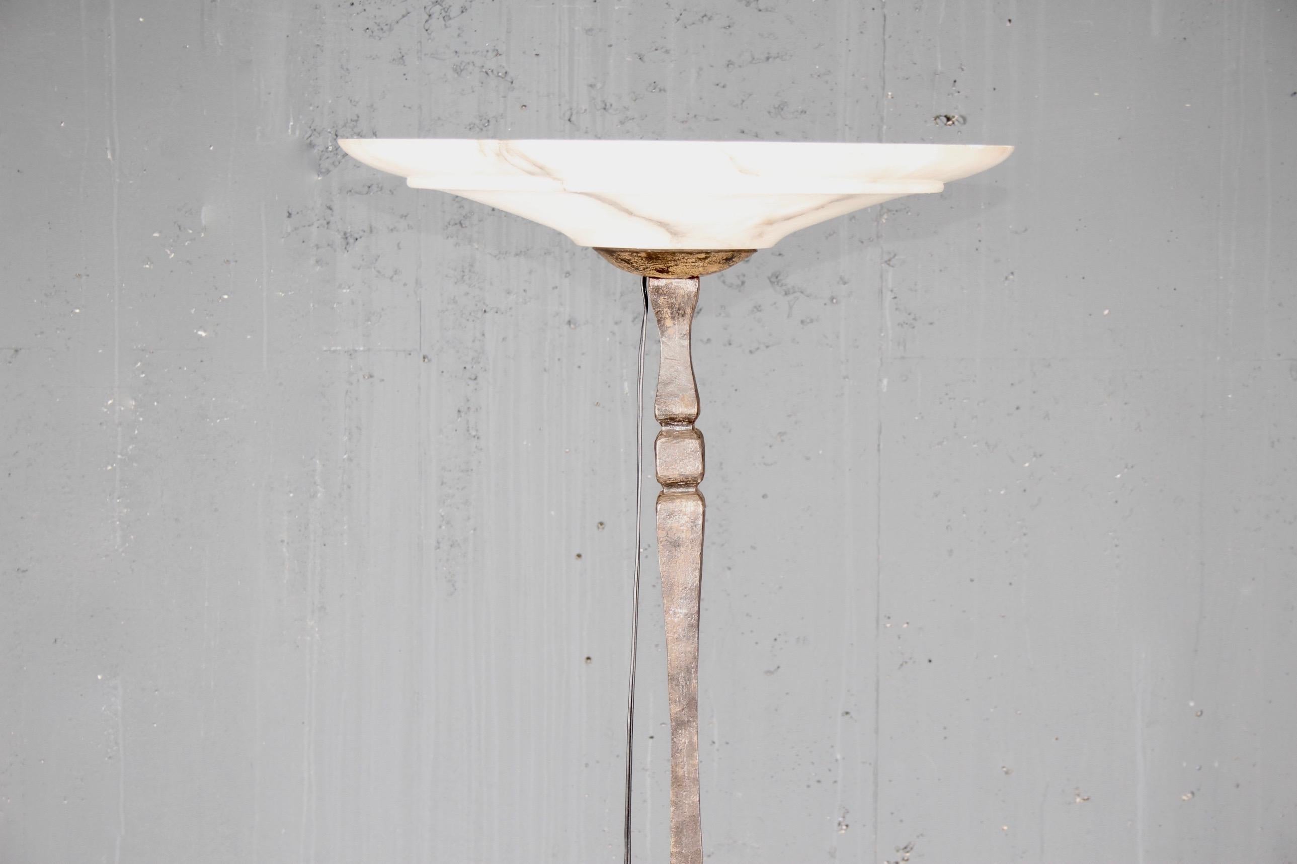 French Wrought Iron and Alabaster Art Deco Floor Lamp