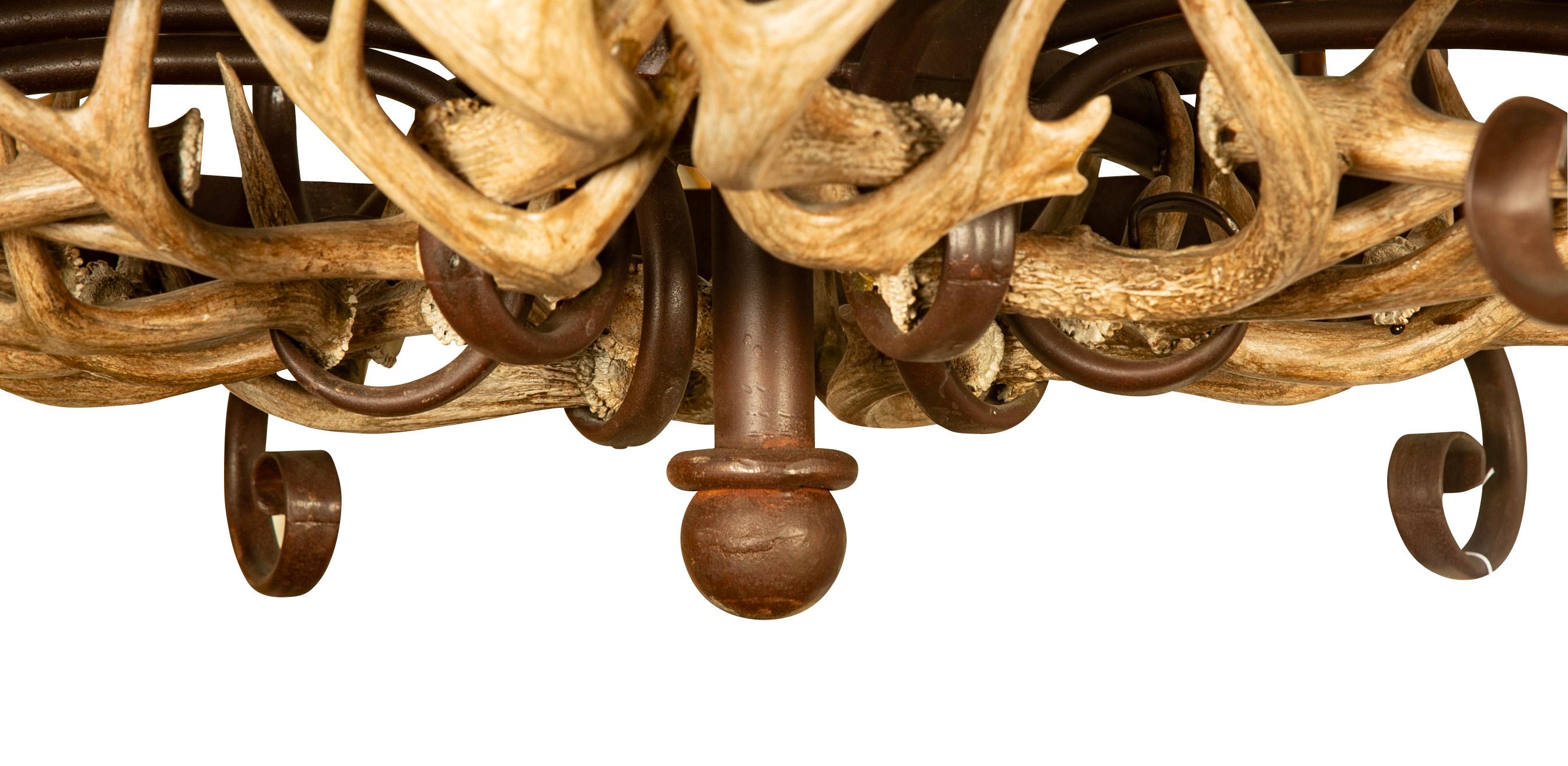 Wrought Iron and Antler 15 Light Chandelier With Rawhide Shades 4