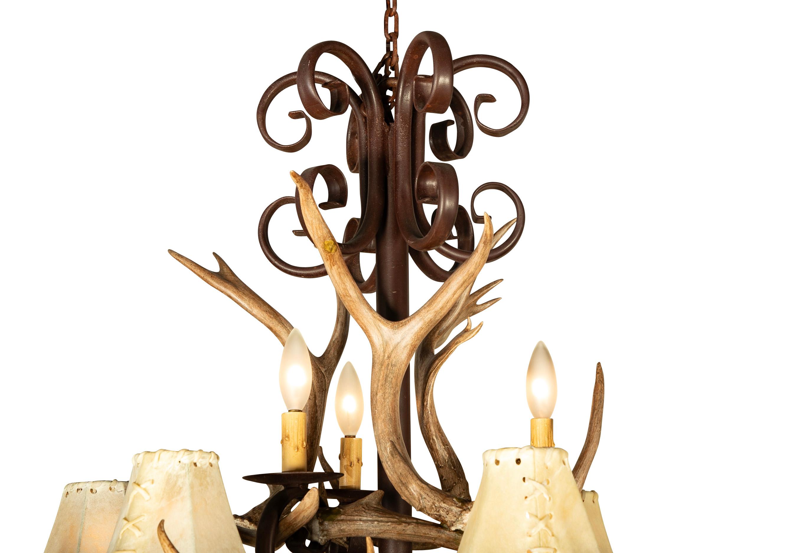 American Wrought Iron and Antler 15 Light Chandelier With Rawhide Shades