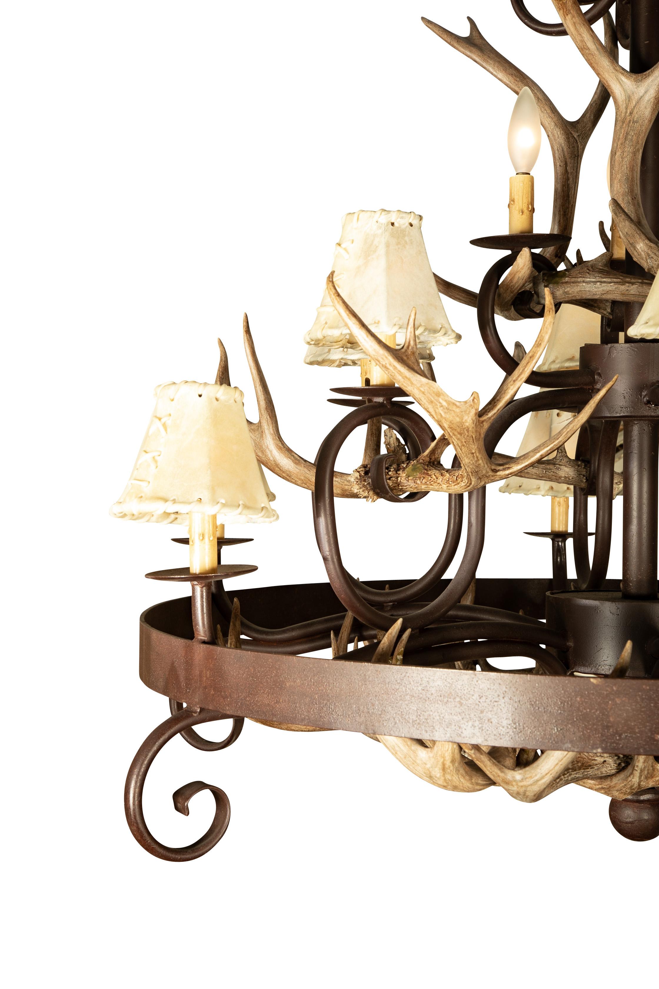 Wrought Iron and Antler 15 Light Chandelier With Rawhide Shades In Good Condition In Stamford, CT