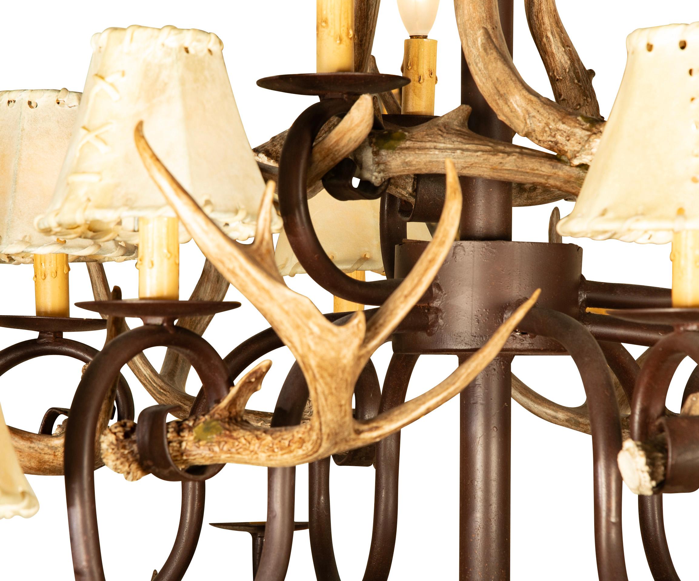 Wrought Iron and Antler 15 Light Chandelier With Rawhide Shades 1