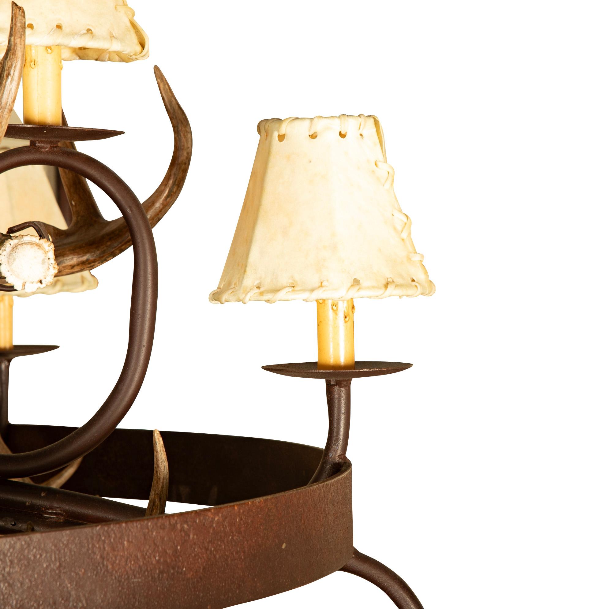 Wrought Iron and Antler 15 Light Chandelier With Rawhide Shades 2