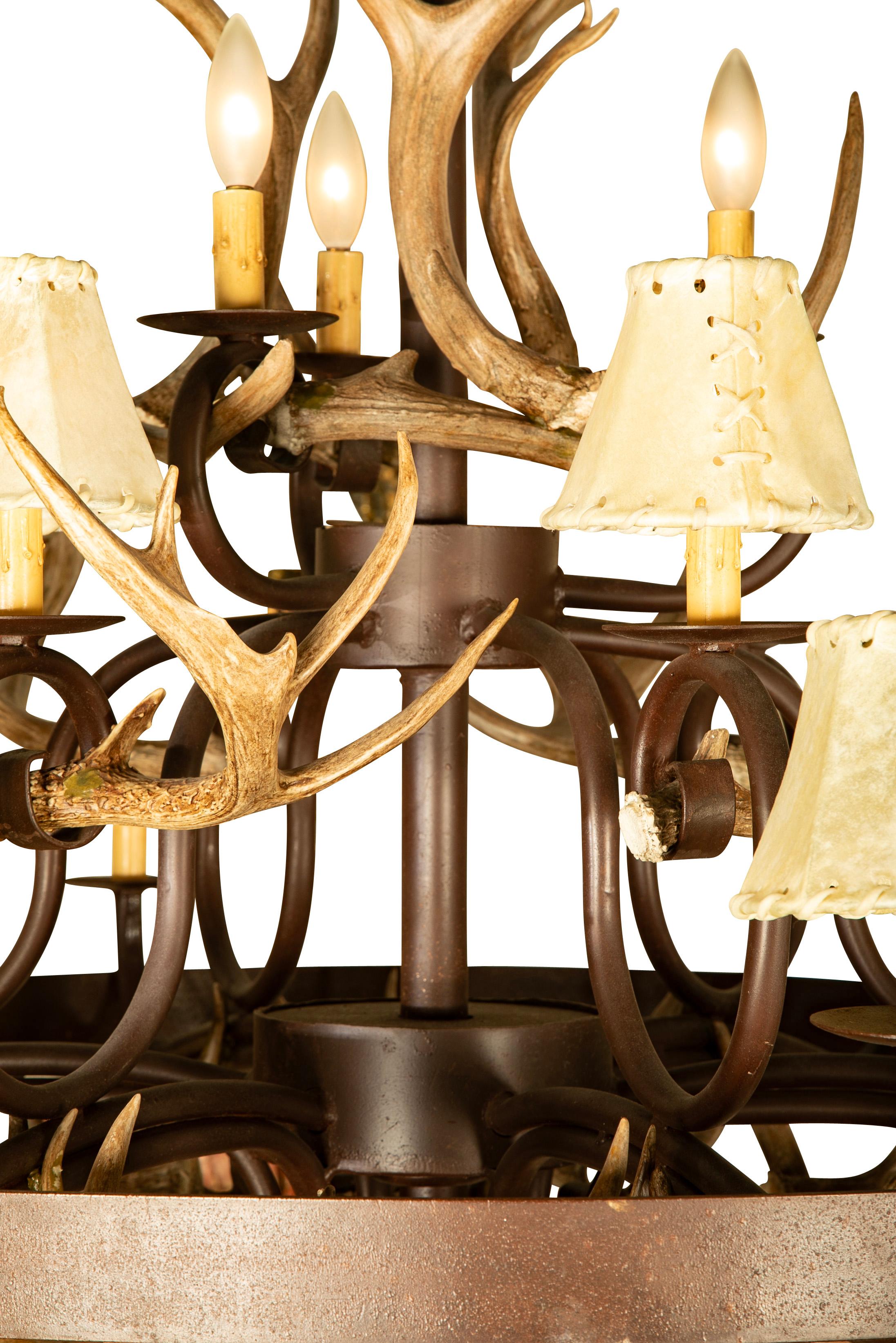 Wrought Iron and Antler 15 Light Chandelier With Rawhide Shades 3