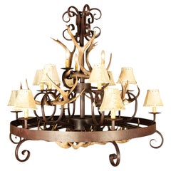 Wrought Iron and Antler 15 Light Chandelier With Rawhide Shades