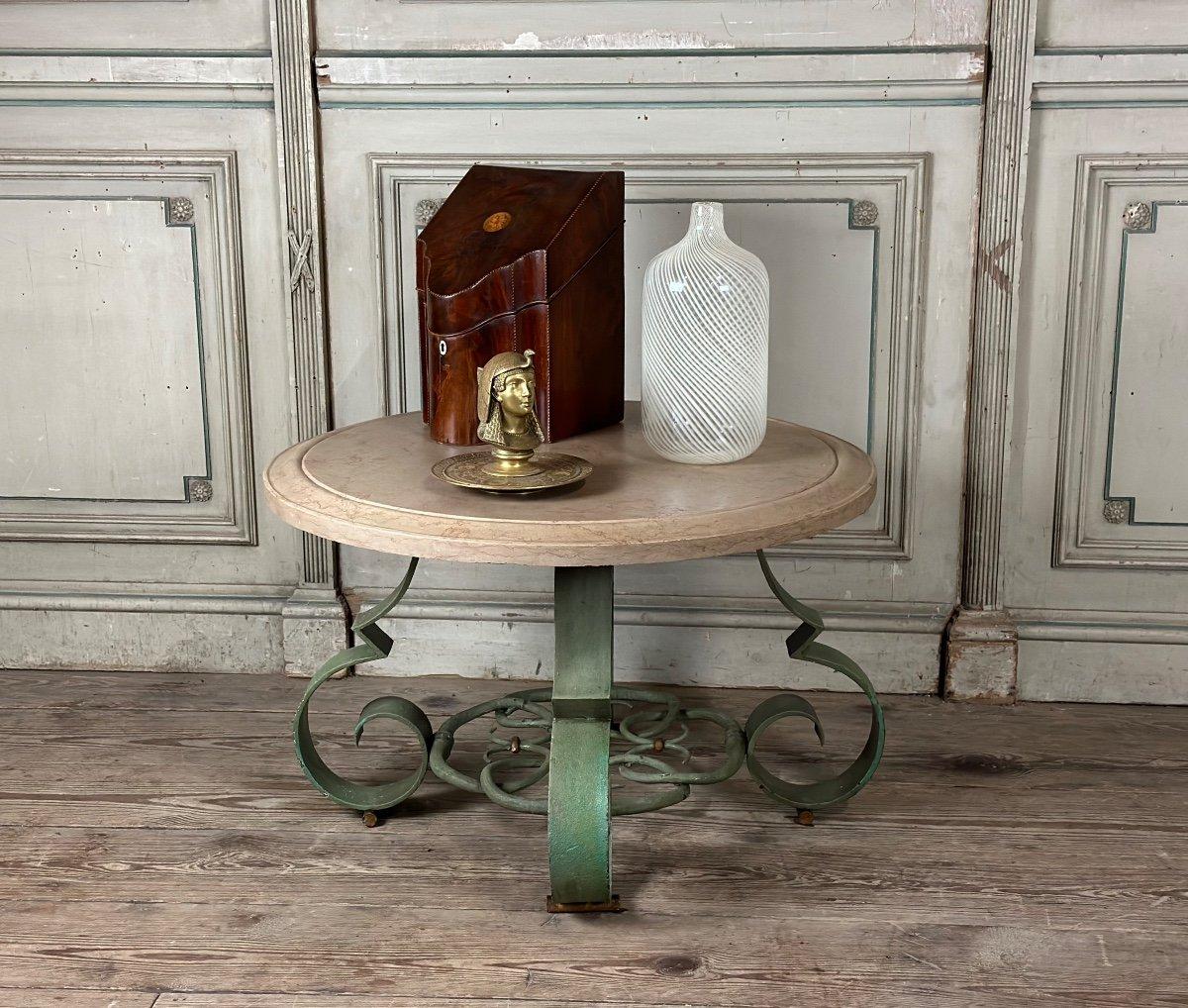 Wrought Iron And Beige Marble Coffee Table Circa 1930 For Sale 7