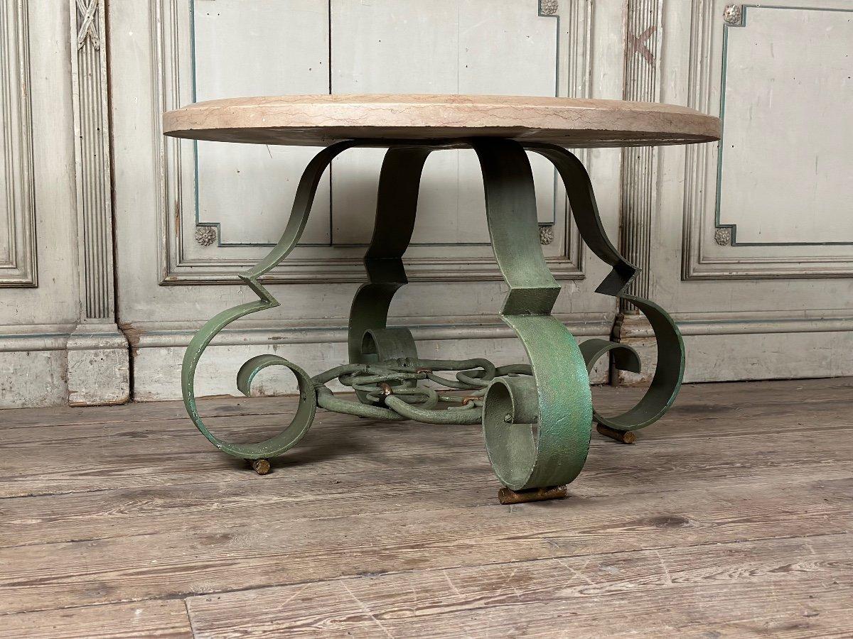 Art Deco Wrought Iron And Beige Marble Coffee Table Circa 1930 For Sale