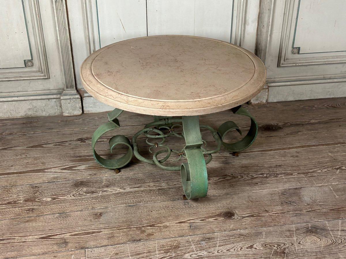 European Wrought Iron And Beige Marble Coffee Table Circa 1930 For Sale