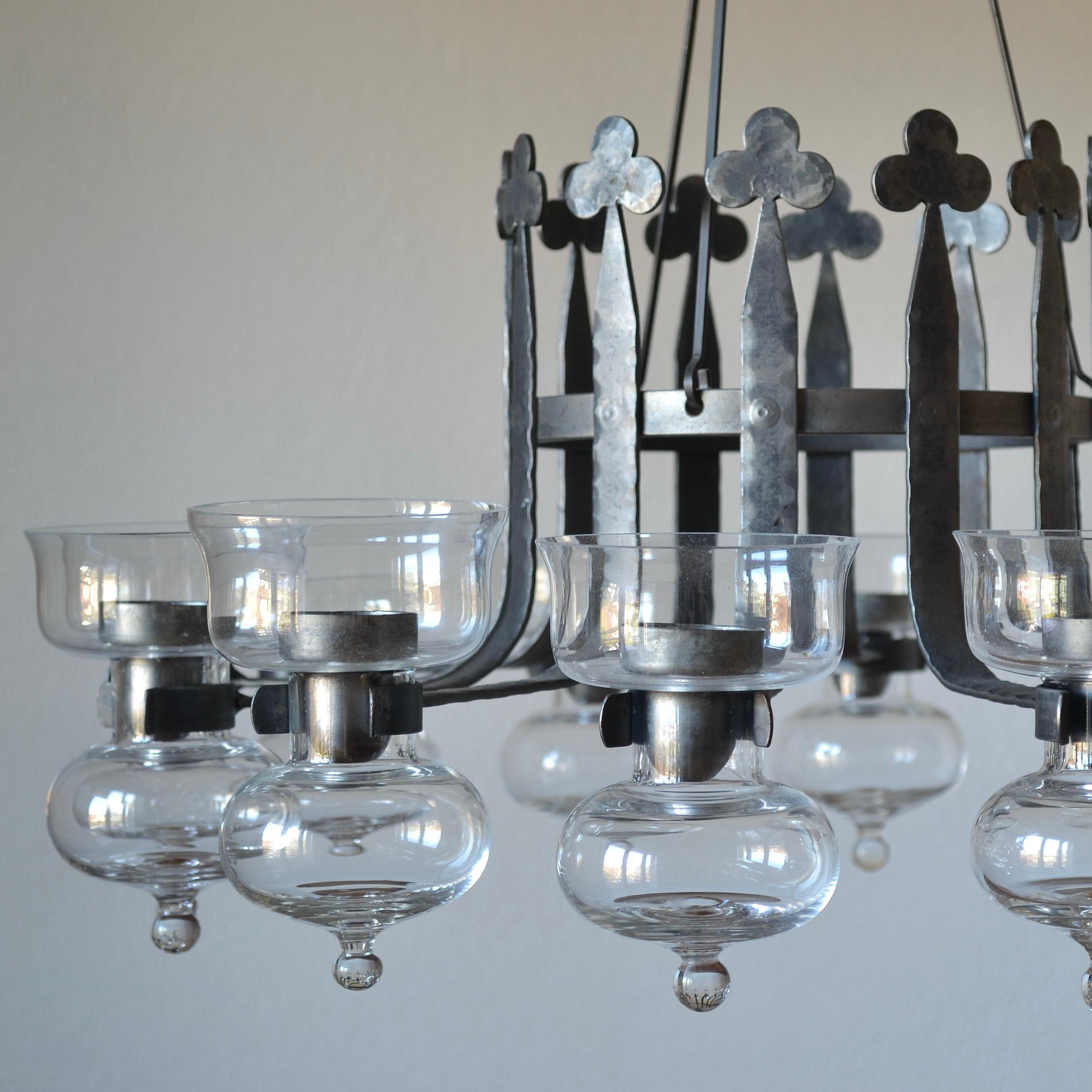 Swedish Wrought iron and blown glass chandelier, Bolin Smide, Sweden, 1970's For Sale