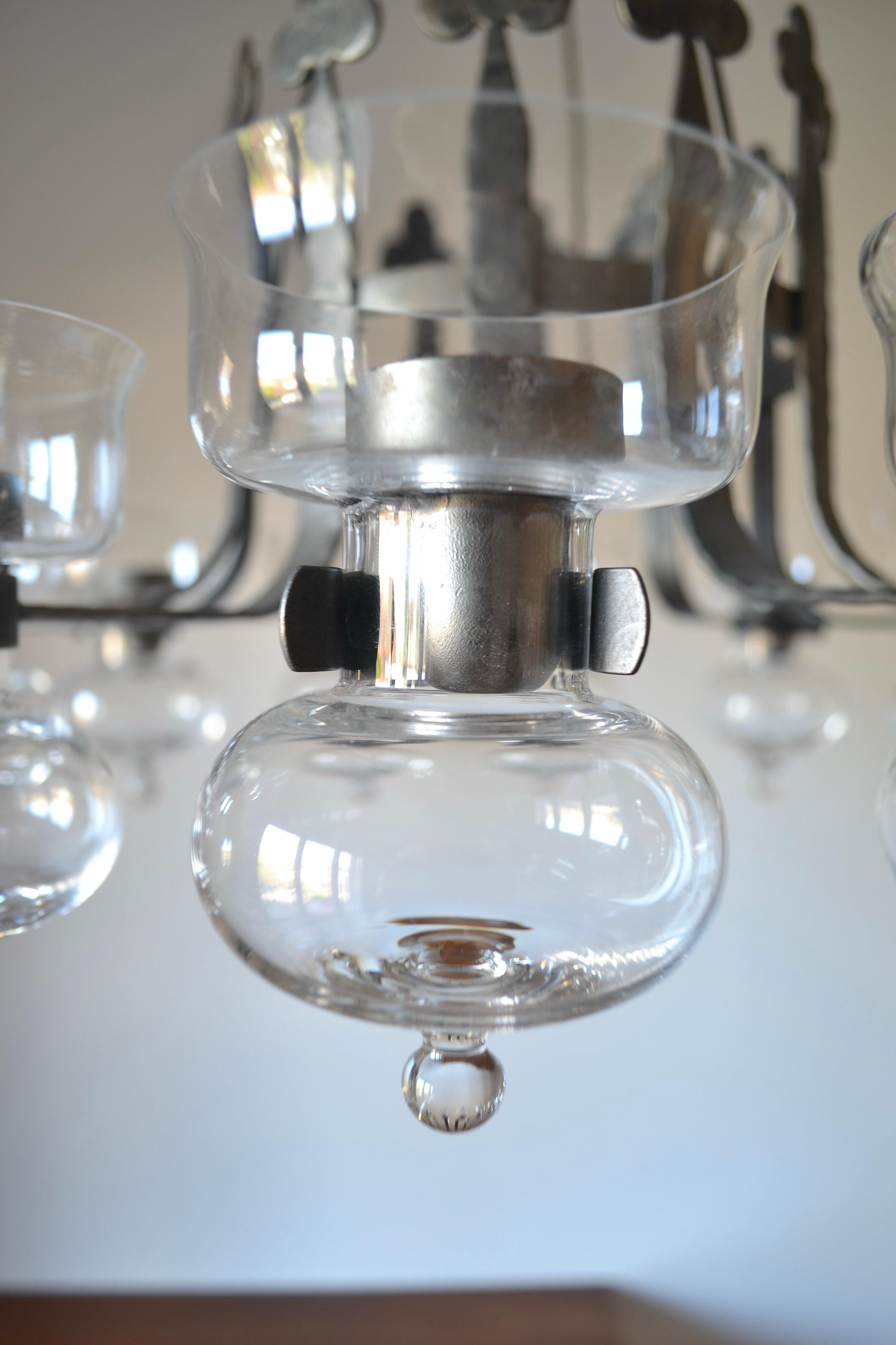 Late 20th Century Wrought iron and blown glass chandelier, Bolin Smide, Sweden, 1970's For Sale