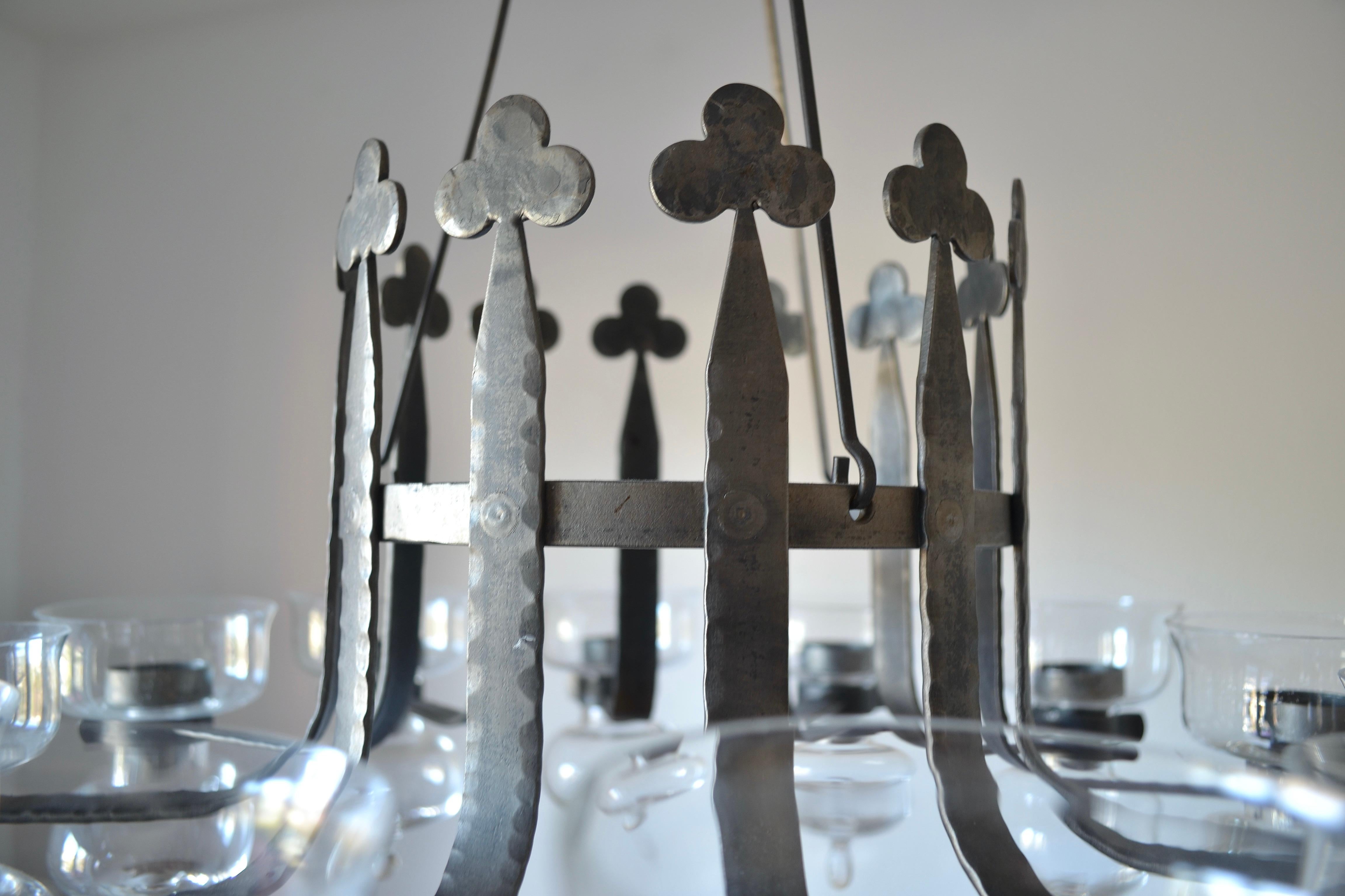 Blown Glass Wrought iron and blown glass chandelier, Bolin Smide, Sweden, 1970's For Sale