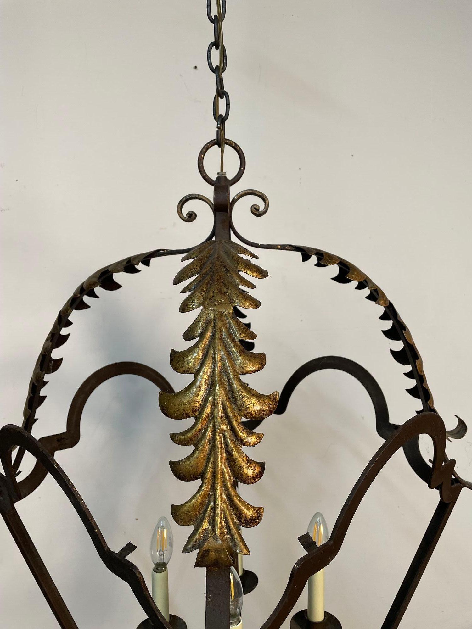 Wrought Iron and Brass Architectural Lantern Chandelier For Sale 4