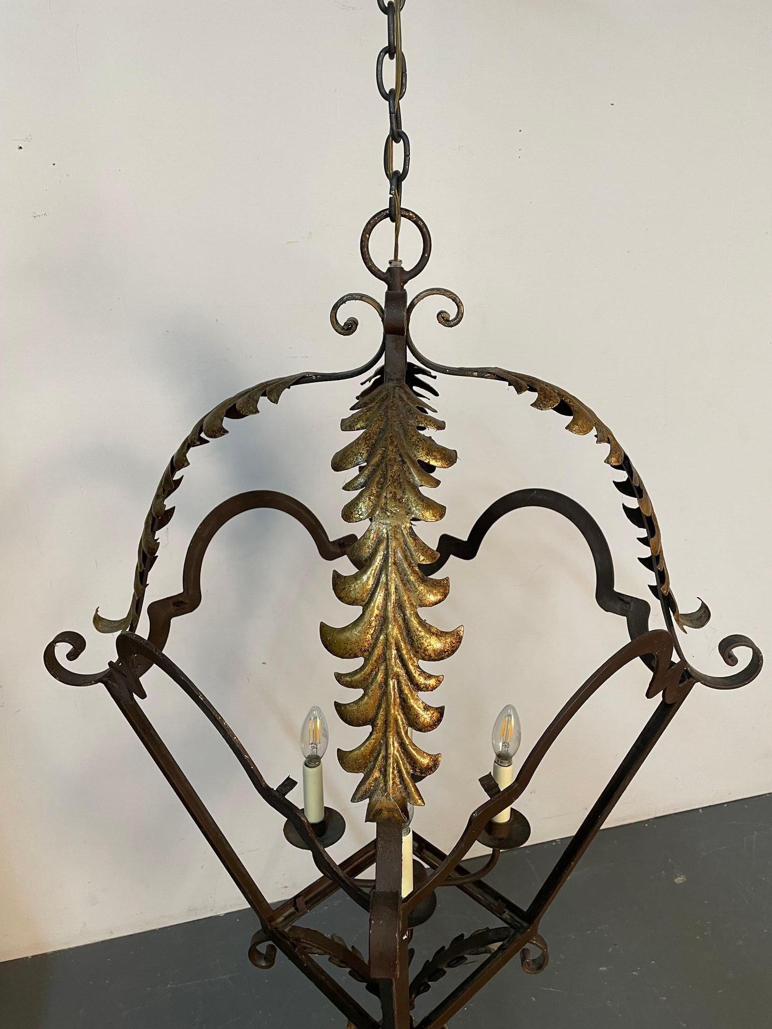 Wrought Iron and Brass Architectural Lantern Chandelier For Sale 5