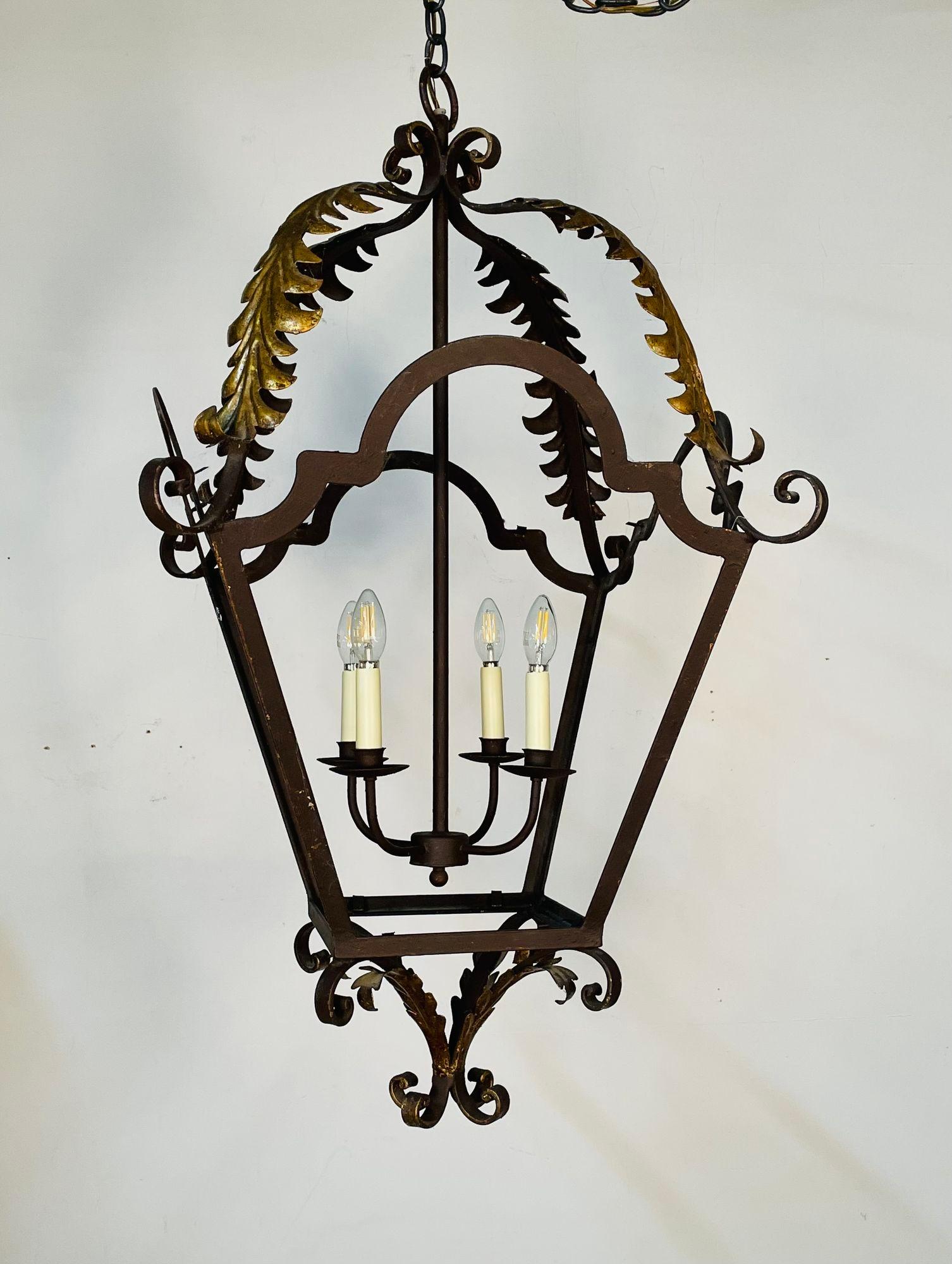Mid-20th Century Wrought Iron and Brass Architectural Lantern Chandelier For Sale