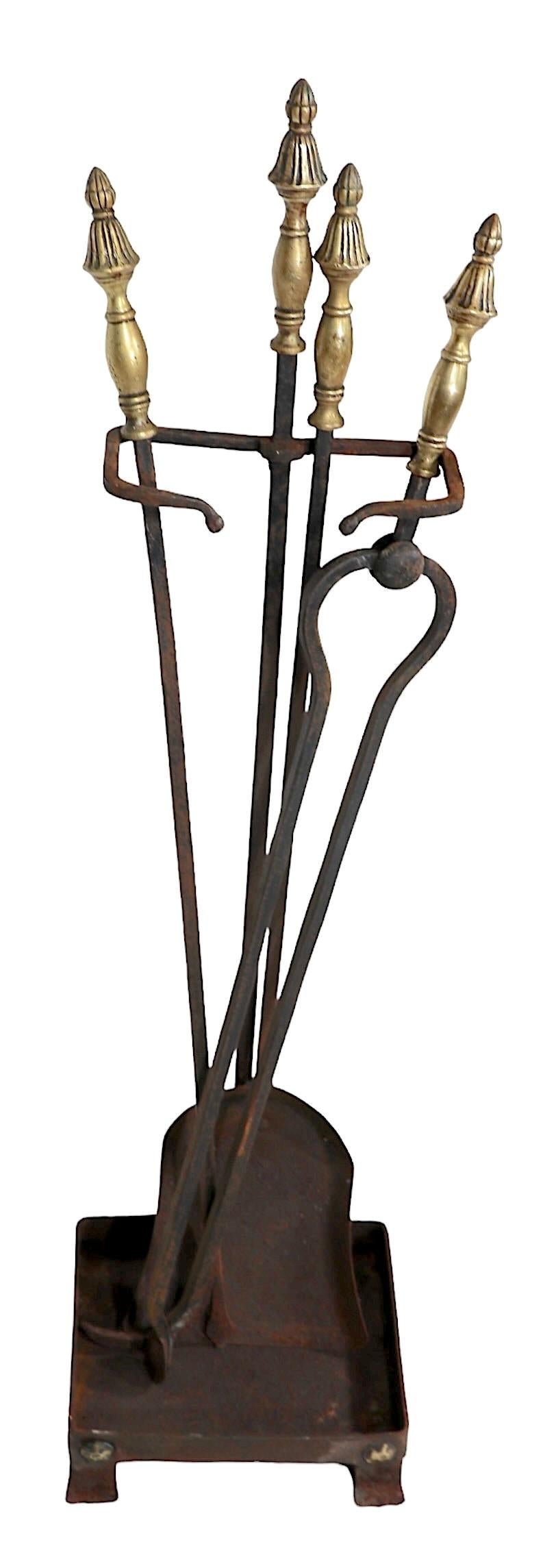 American Wrought Iron and Brass Arts and Crafts Fireplace Tool Set  For Sale
