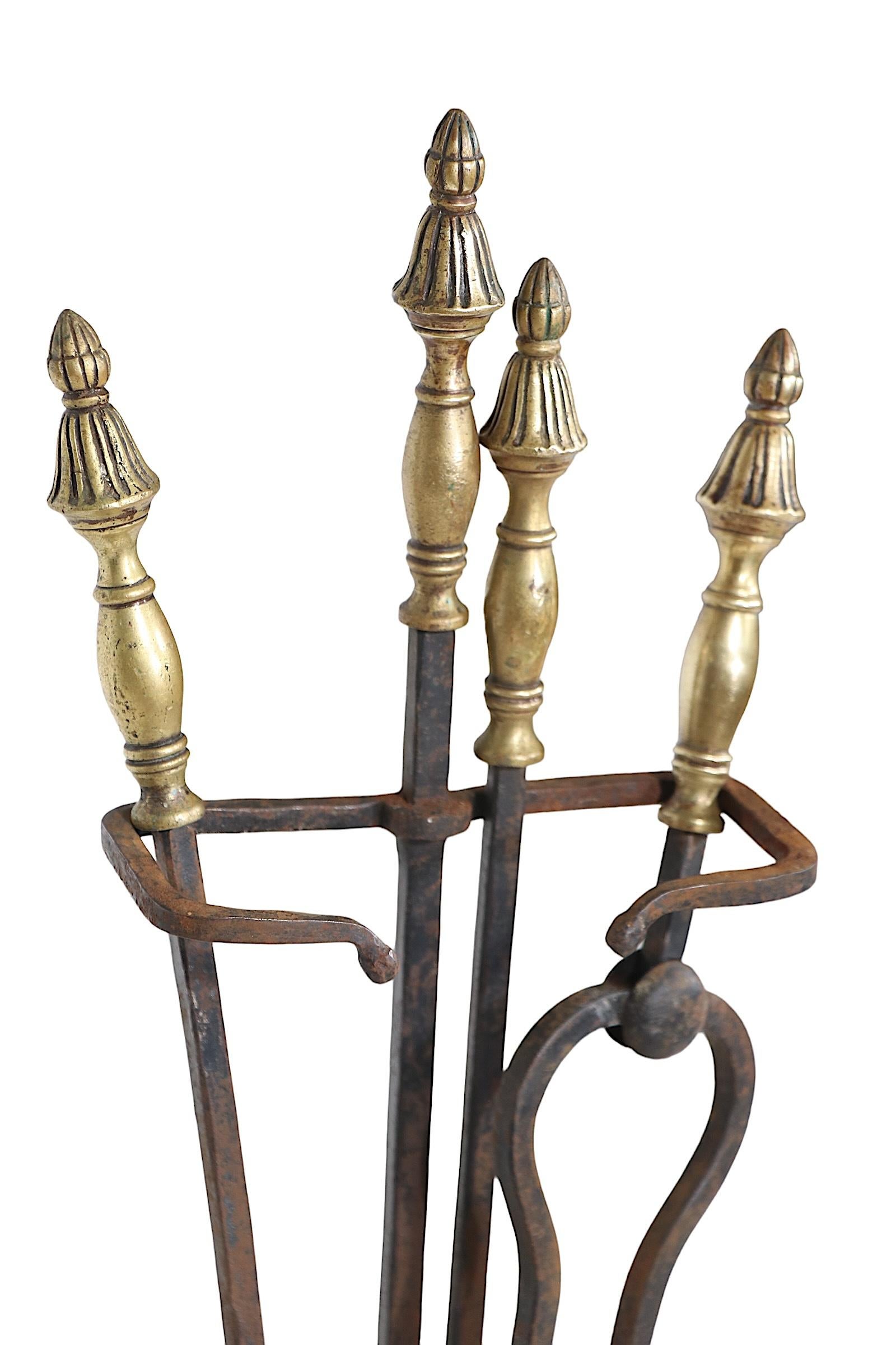 Wrought Iron and Brass Arts and Crafts Fireplace Tool Set  In Good Condition For Sale In New York, NY