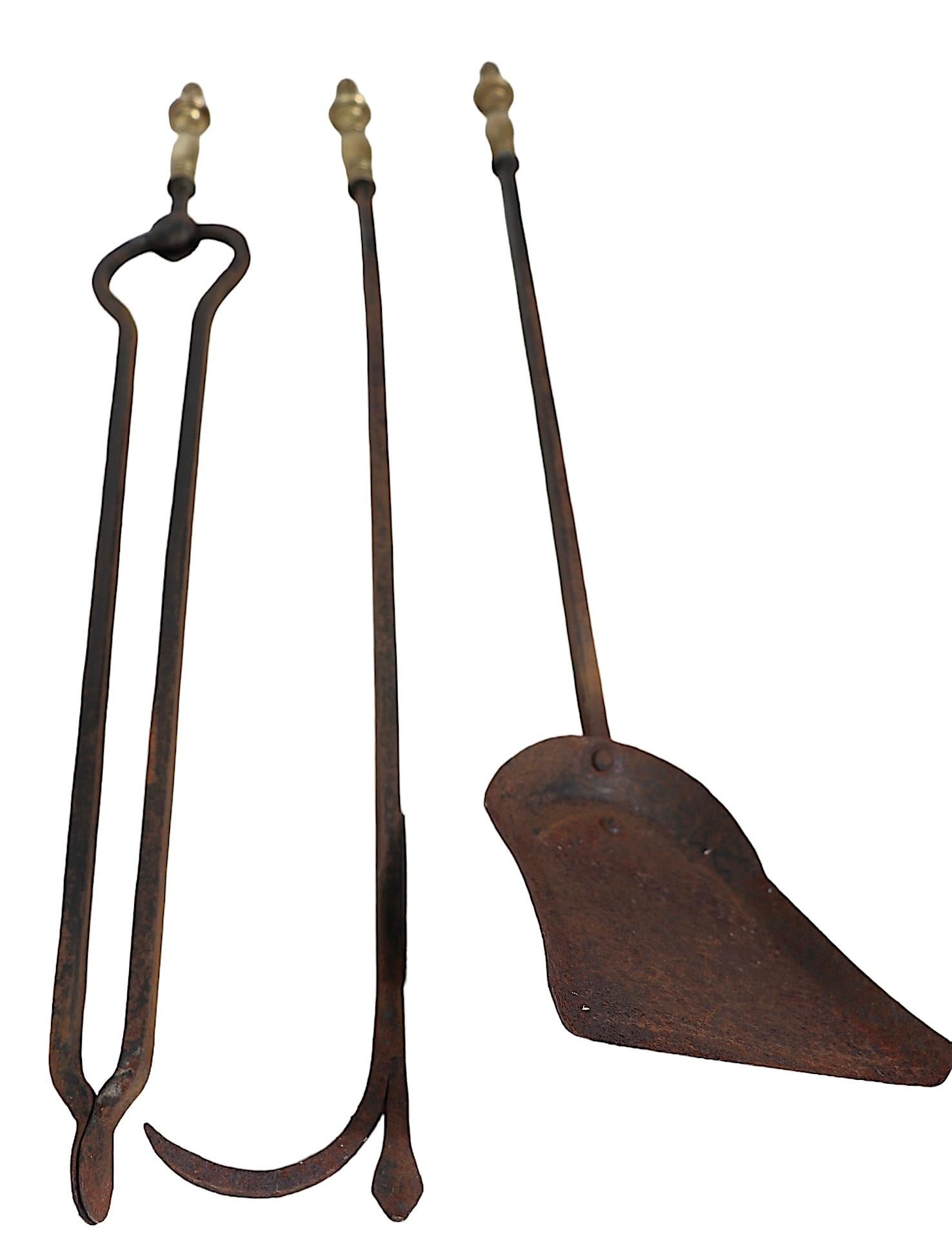 Wrought Iron and Brass Arts and Crafts Fireplace Tool Set  For Sale 1