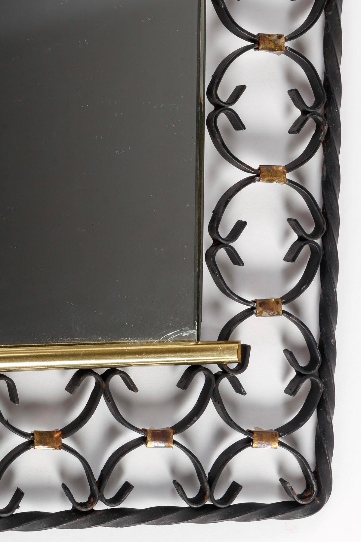 French Wrought Iron and Brass Mirror, 1950s-1960s Design. For Sale