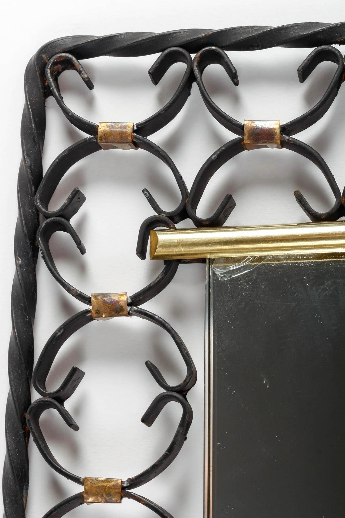 Wrought Iron and Brass Mirror, 1950s-1960s Design. For Sale 1