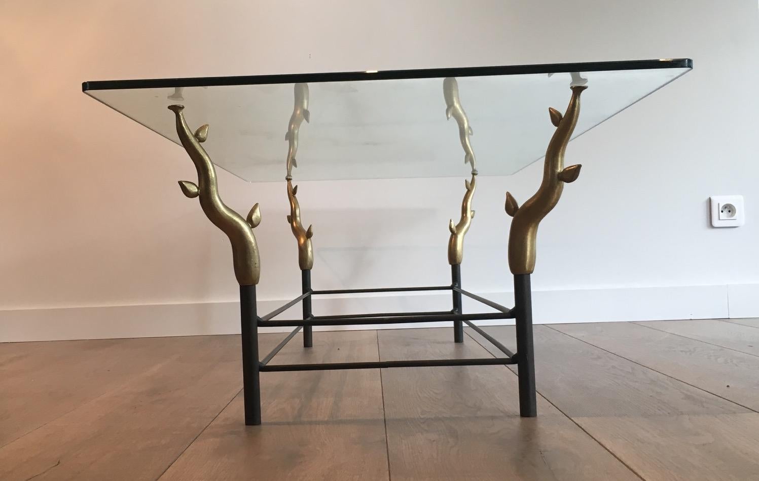 Wrought Iron and Bronze Coffee Table Representating Trees, French, circa 1970 For Sale 4