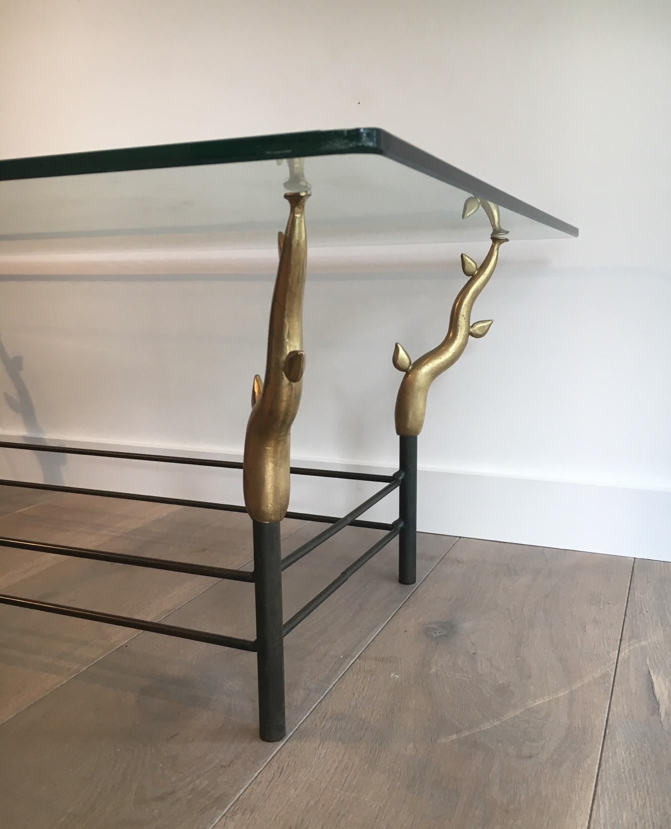Wrought Iron and Bronze Coffee Table Representating Trees, French, circa 1970 For Sale 6