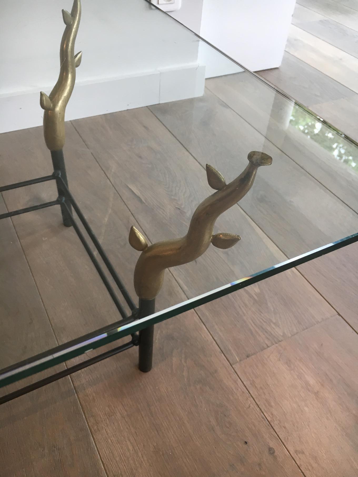 Wrought Iron and Bronze Coffee Table Representating Trees, French, circa 1970 For Sale 7