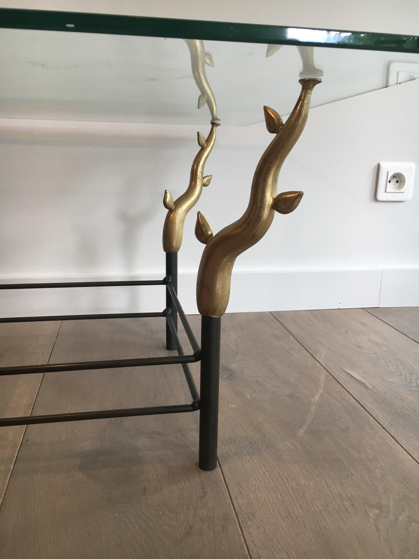 Wrought Iron and Bronze Coffee Table Representating Trees, French, circa 1970 For Sale 8
