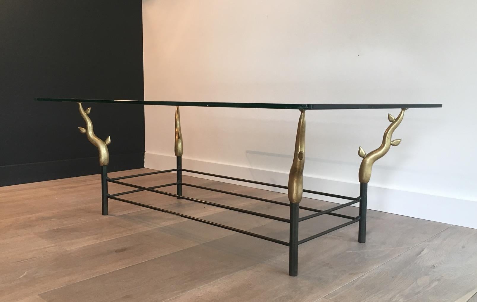 Mid-Century Modern Wrought Iron and Bronze Coffee Table Representating Trees, French, circa 1970 For Sale