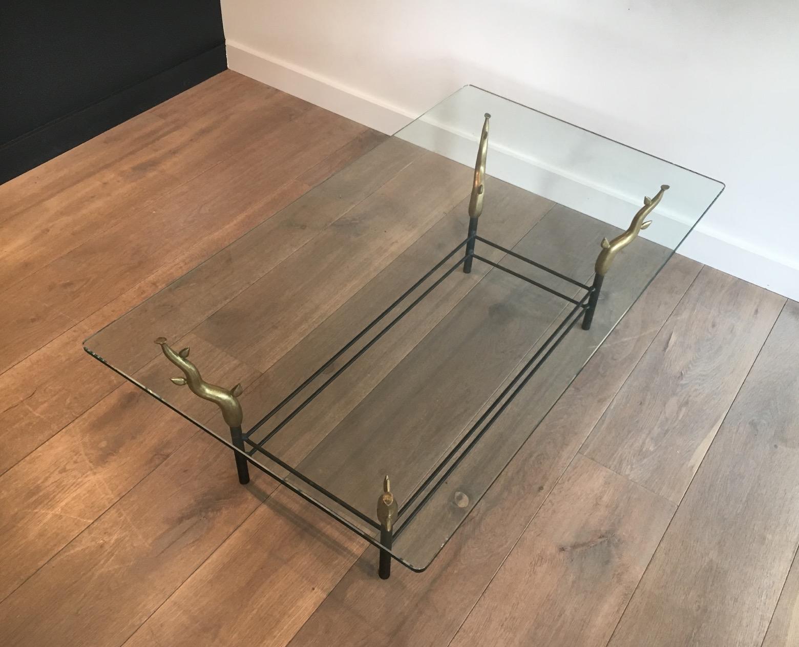 Late 20th Century Wrought Iron and Bronze Coffee Table Representating Trees, French, circa 1970 For Sale