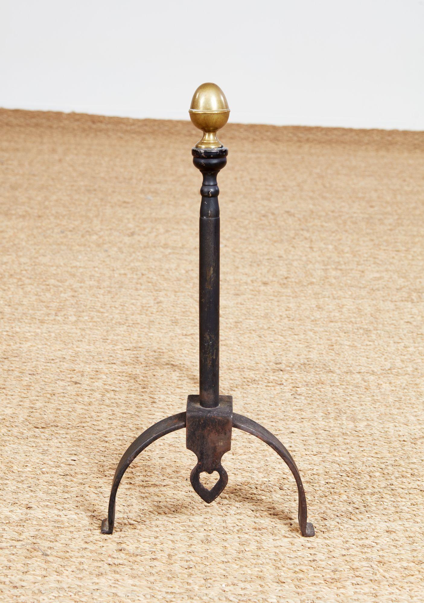 Arts and Crafts Wrought Iron and Bronze Pierced Heart Andirons For Sale