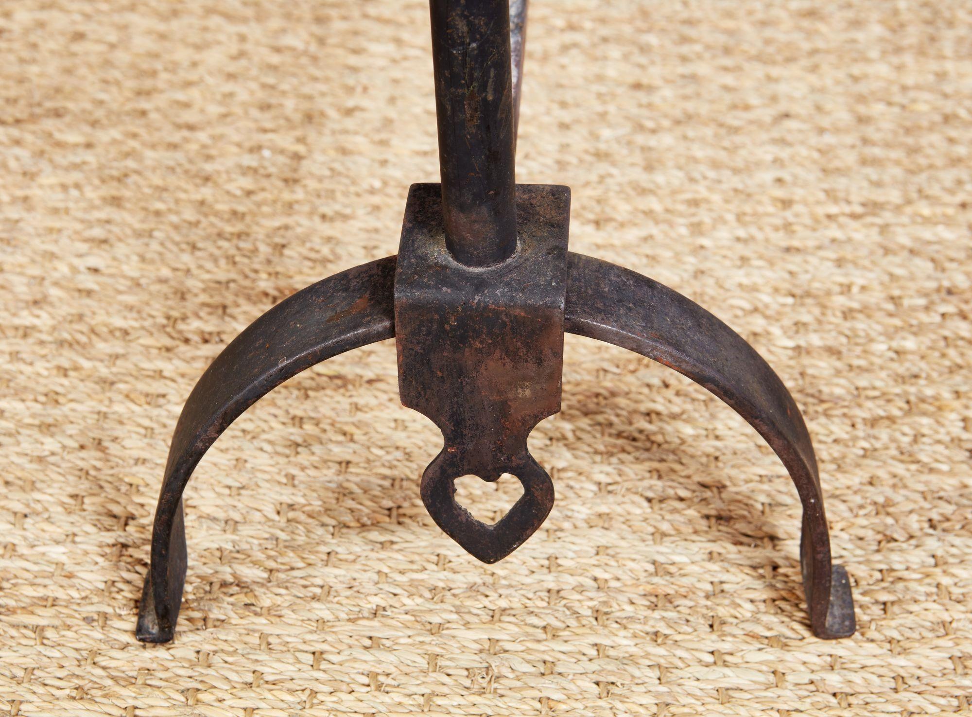 Early 20th Century Wrought Iron and Bronze Pierced Heart Andirons For Sale