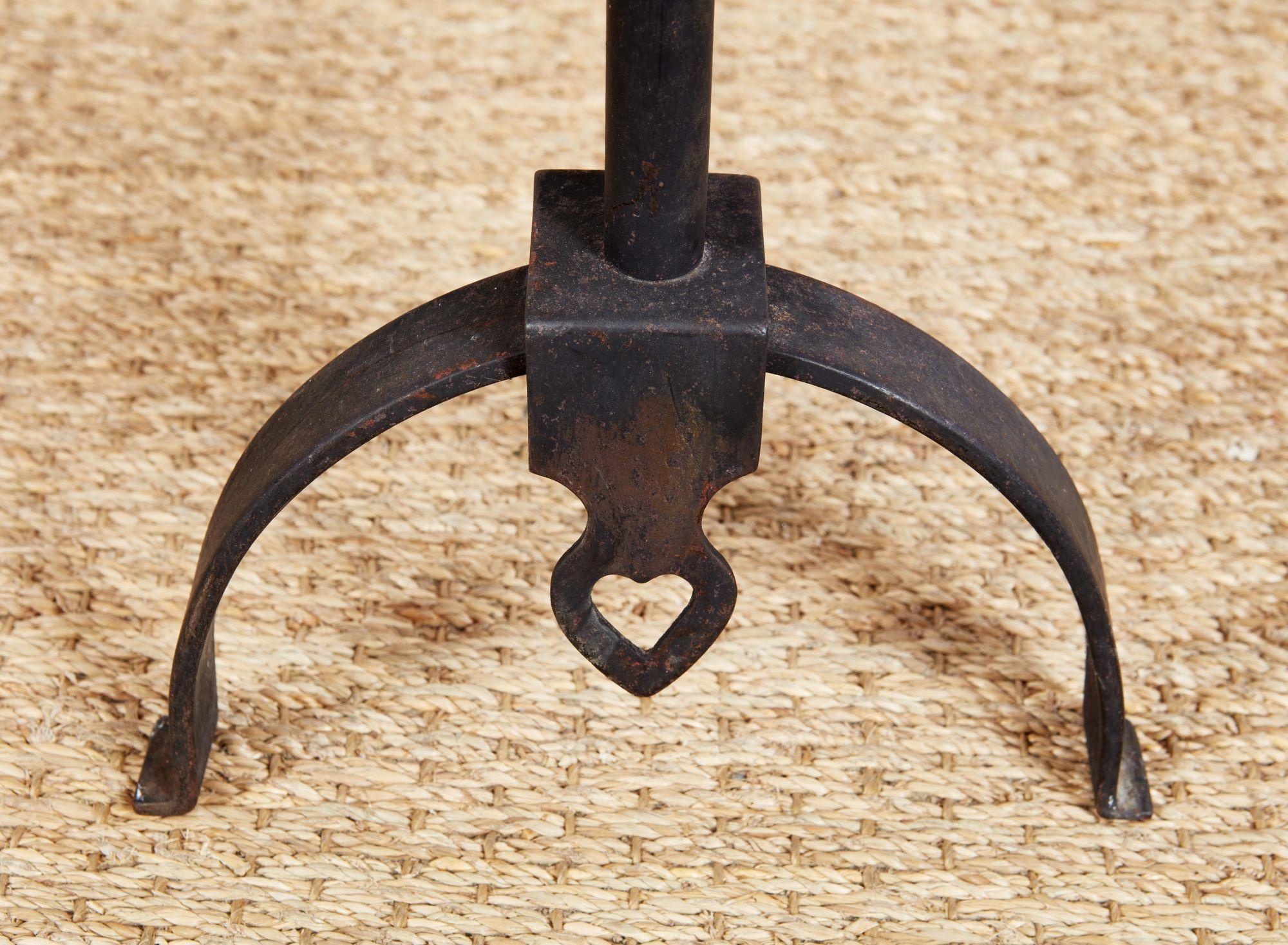 Wrought Iron and Bronze Pierced Heart Andirons For Sale 1