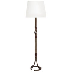 Wrought Iron and Brown Leather Floor Lamp by Jean-Pierre Ryckaert