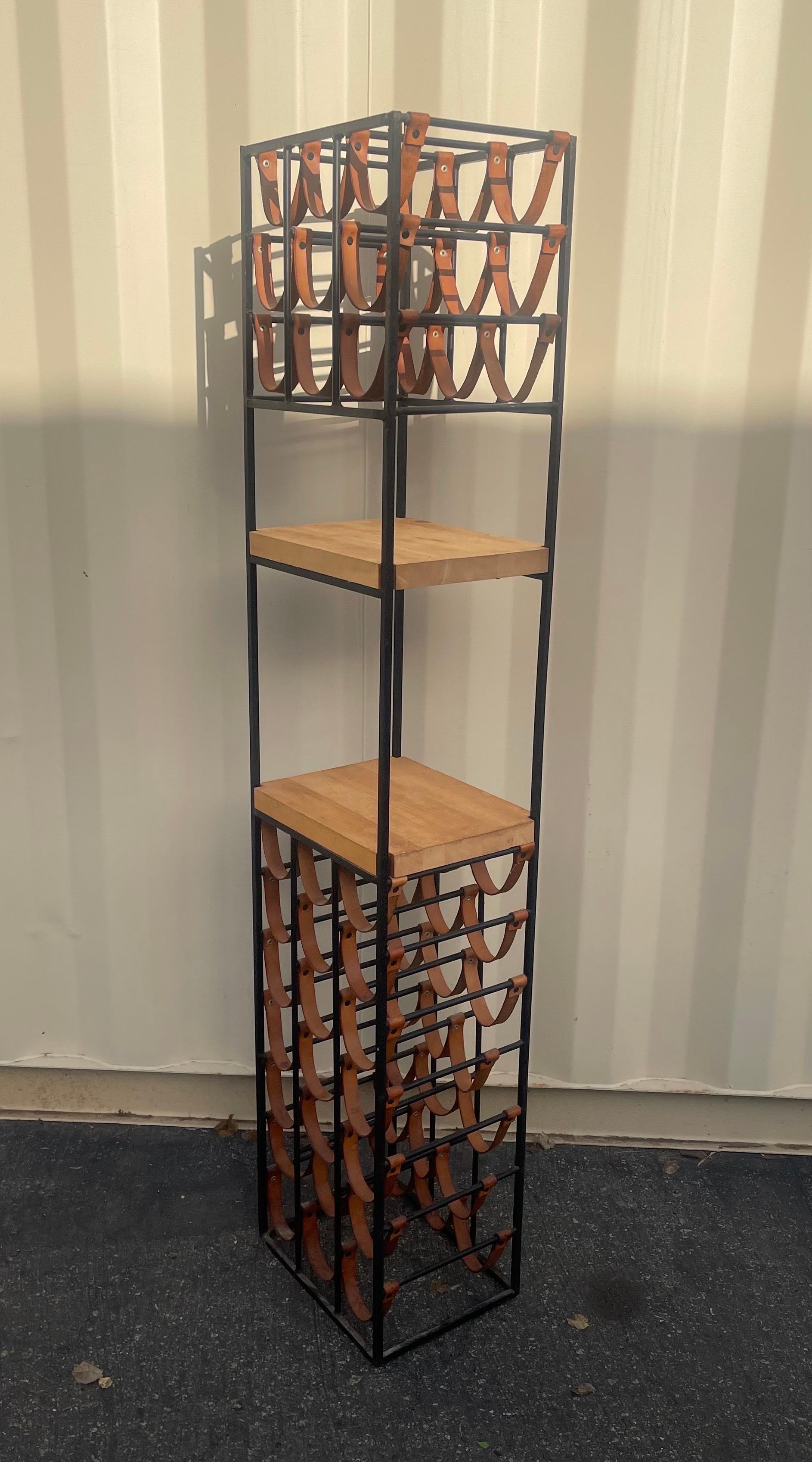 Mid-Century Modern Wrought Iron and Butcher Block Thirty Bottle Tower Wine Rack by Arthur Umanoff For Sale