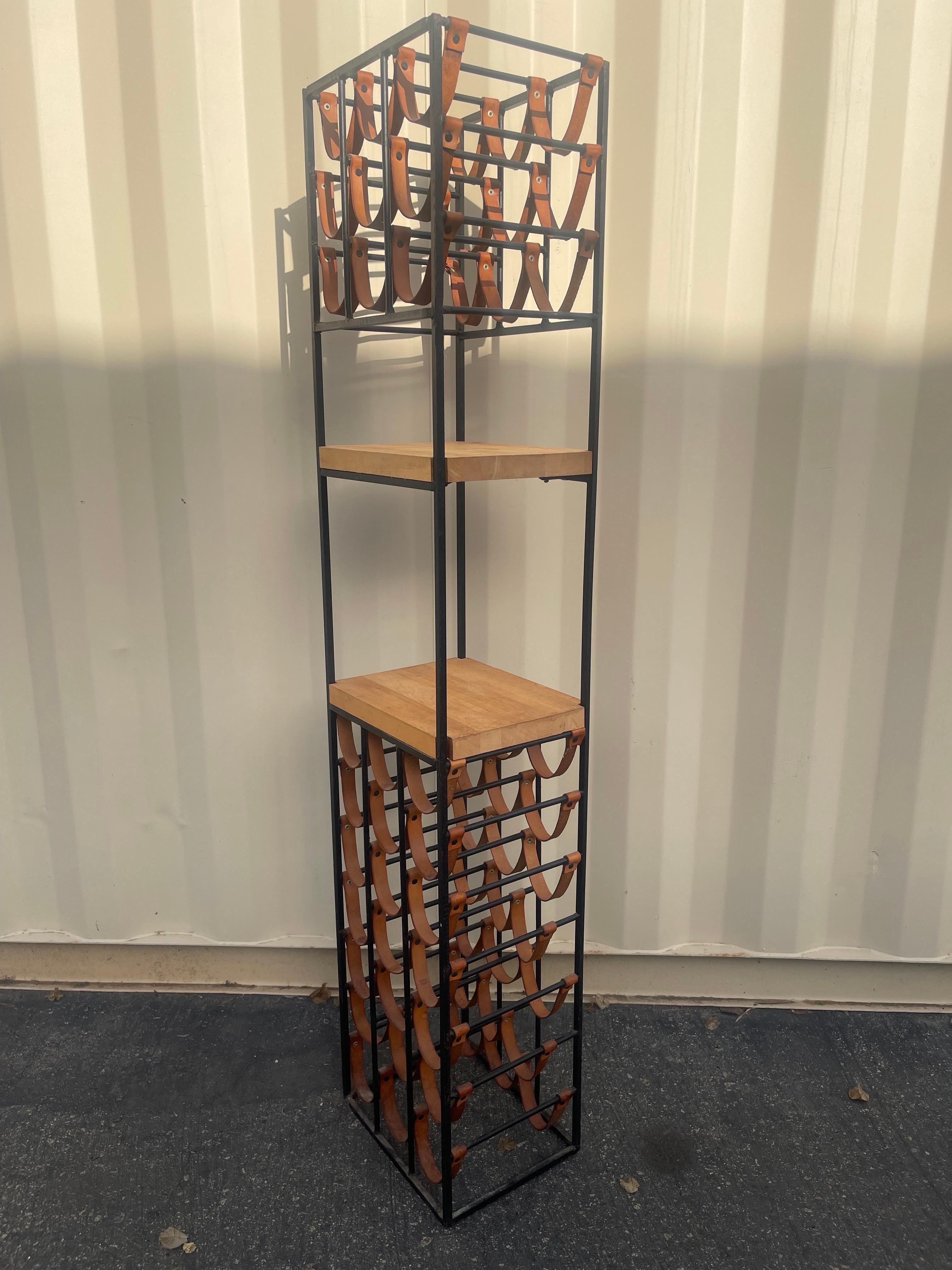 Wrought Iron and Butcher Block Thirty Bottle Tower Wine Rack by Arthur Umanoff In Good Condition For Sale In San Diego, CA