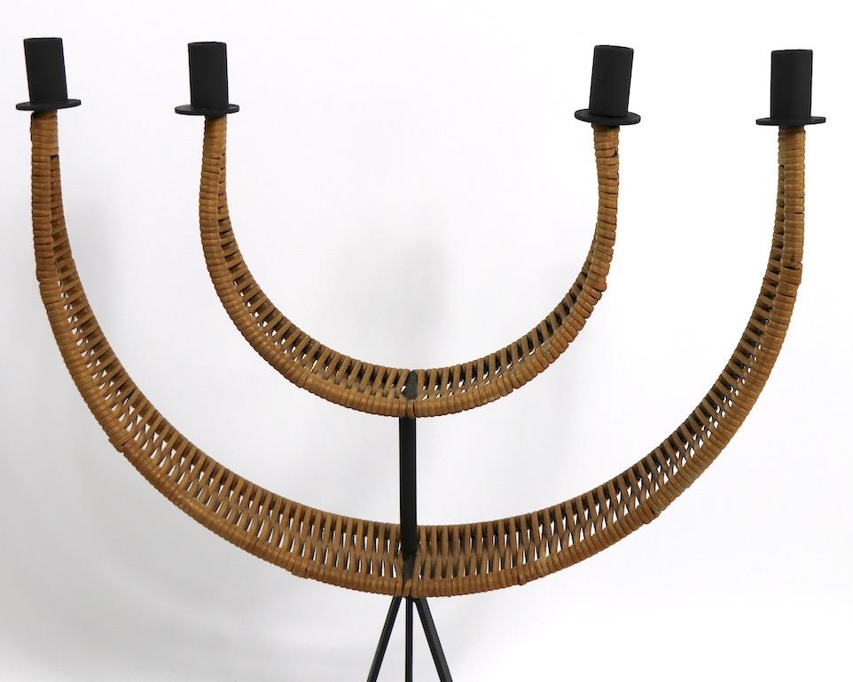 Mid-Century Modern Wrought Iron and Cane Candlestick by Umanoff
