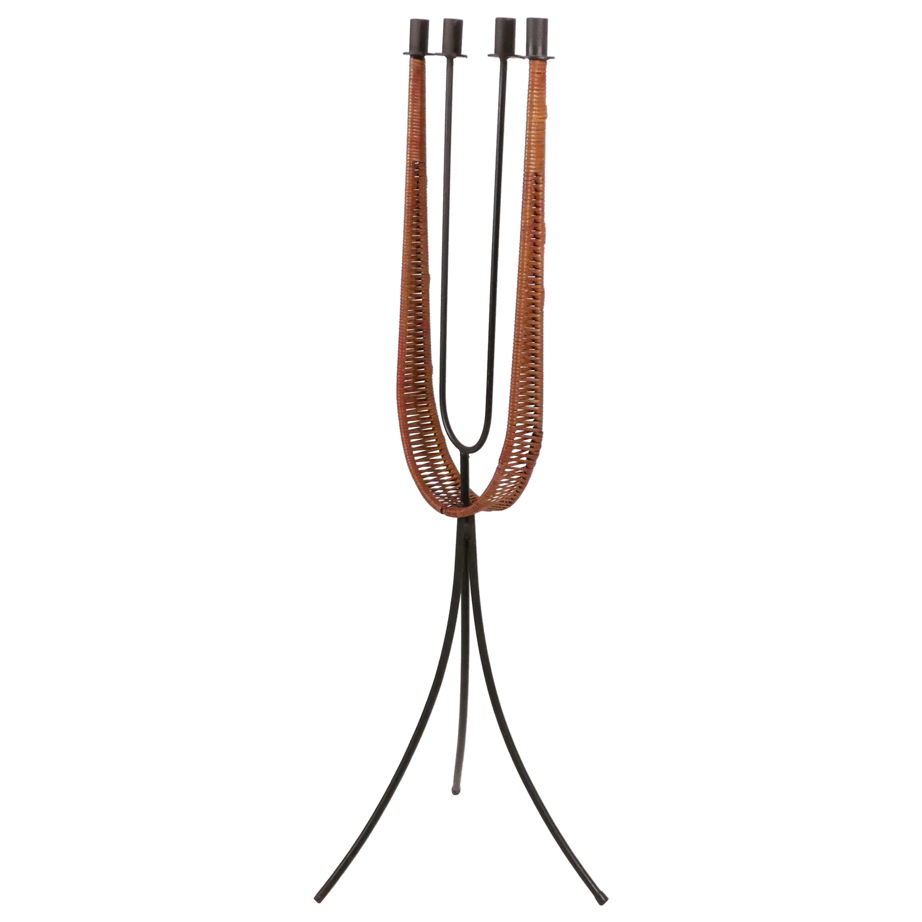 Wrought Iron and Cane Mid-Century Modern Candelabra Torchère by Arthur Umanoff