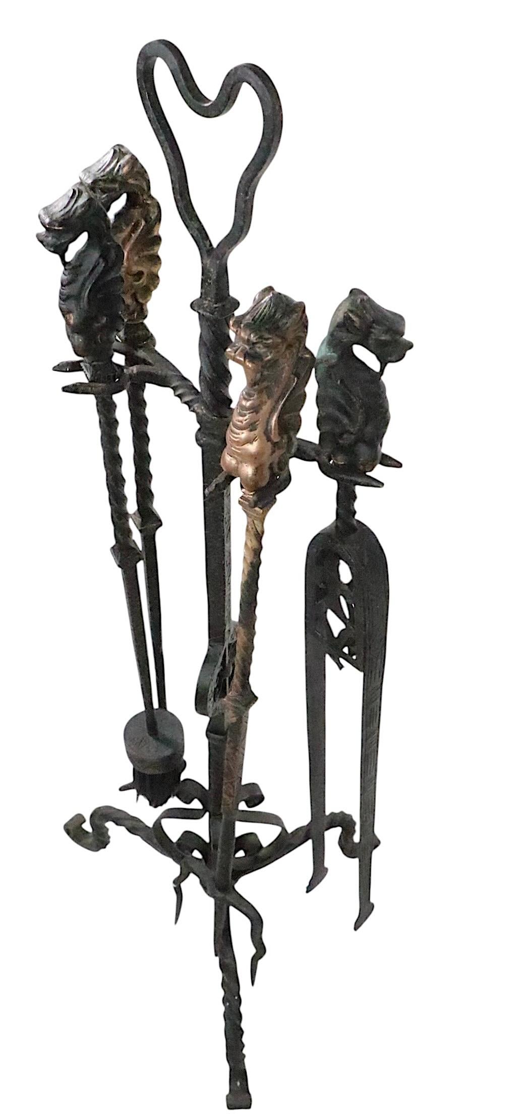 Wrought Iron and Cast Bronze Gothic Fireplace Tool Set c. 19th C. For Sale 4
