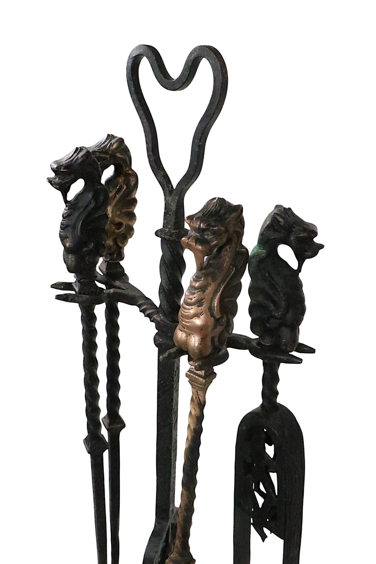 Wrought Iron and Cast Bronze Gothic Fireplace Tool Set c. 19th C. For Sale 5