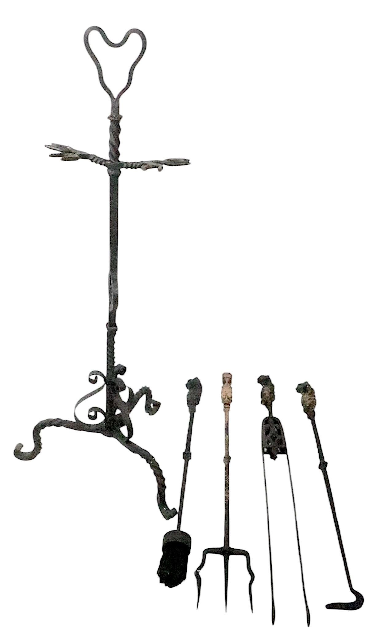 Wrought Iron and Cast Bronze Gothic Fireplace Tool Set c. 19th C. For Sale 6